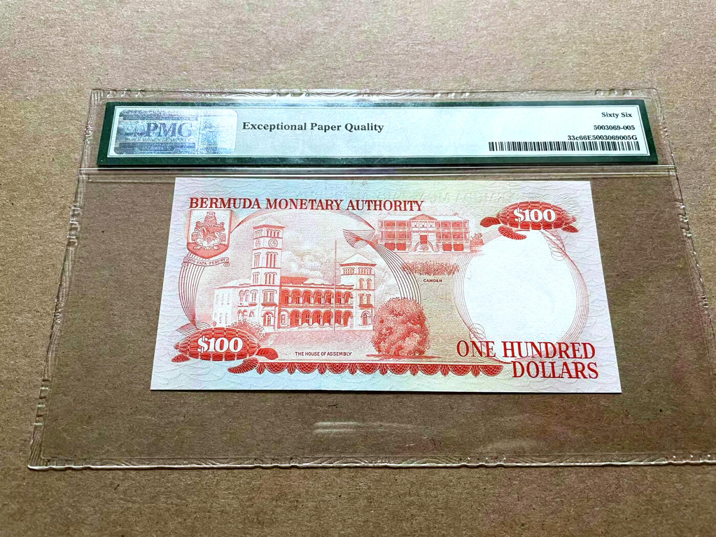 【Blue Auction】✨世界纸币精拍第500期盛典——白金之夜🔥🔥🔥 B-【A/1首发冠】百慕大 1986年100元 最高值 高冠女王 背面卡姆登大楼&众议院