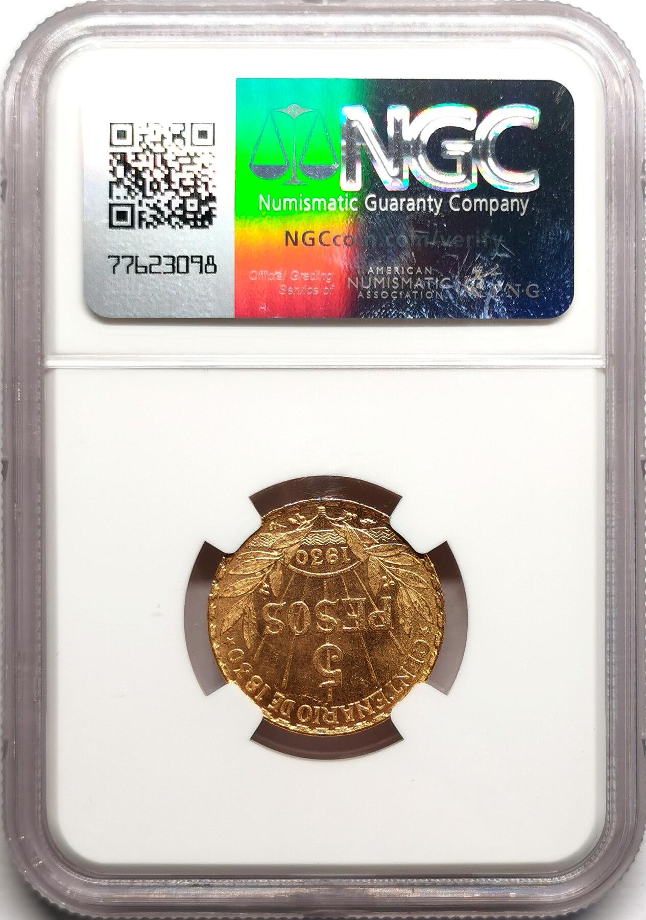凡希社世界钱币微拍第二百七十五期 1930乌拉圭5比索金币NGC-MS62，8.485g，917金，铸造100000枚，仅有14415枚投入流通。
