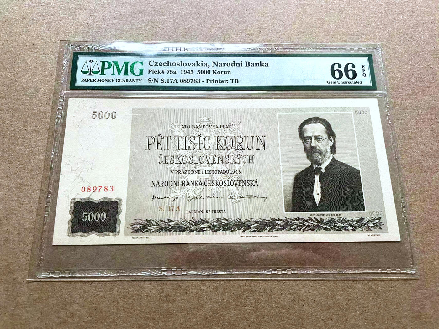 【Blue Auction】✨世界纸币精拍第500期盛典——白金之夜🔥🔥🔥 C-【实钞亚军分】捷斯 1945年5000克朗 PMG66EPQ 大票幅 音乐家斯塔美那 热门升值品种