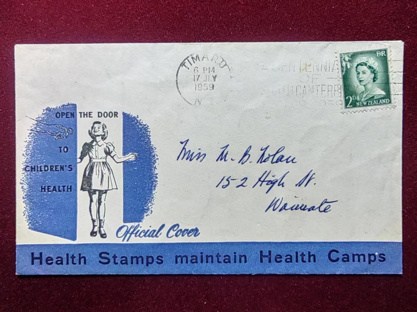 联合阁邮币社™ ——“航空、人物专题专场” 新西兰 1959年 打开健康的大门实寄