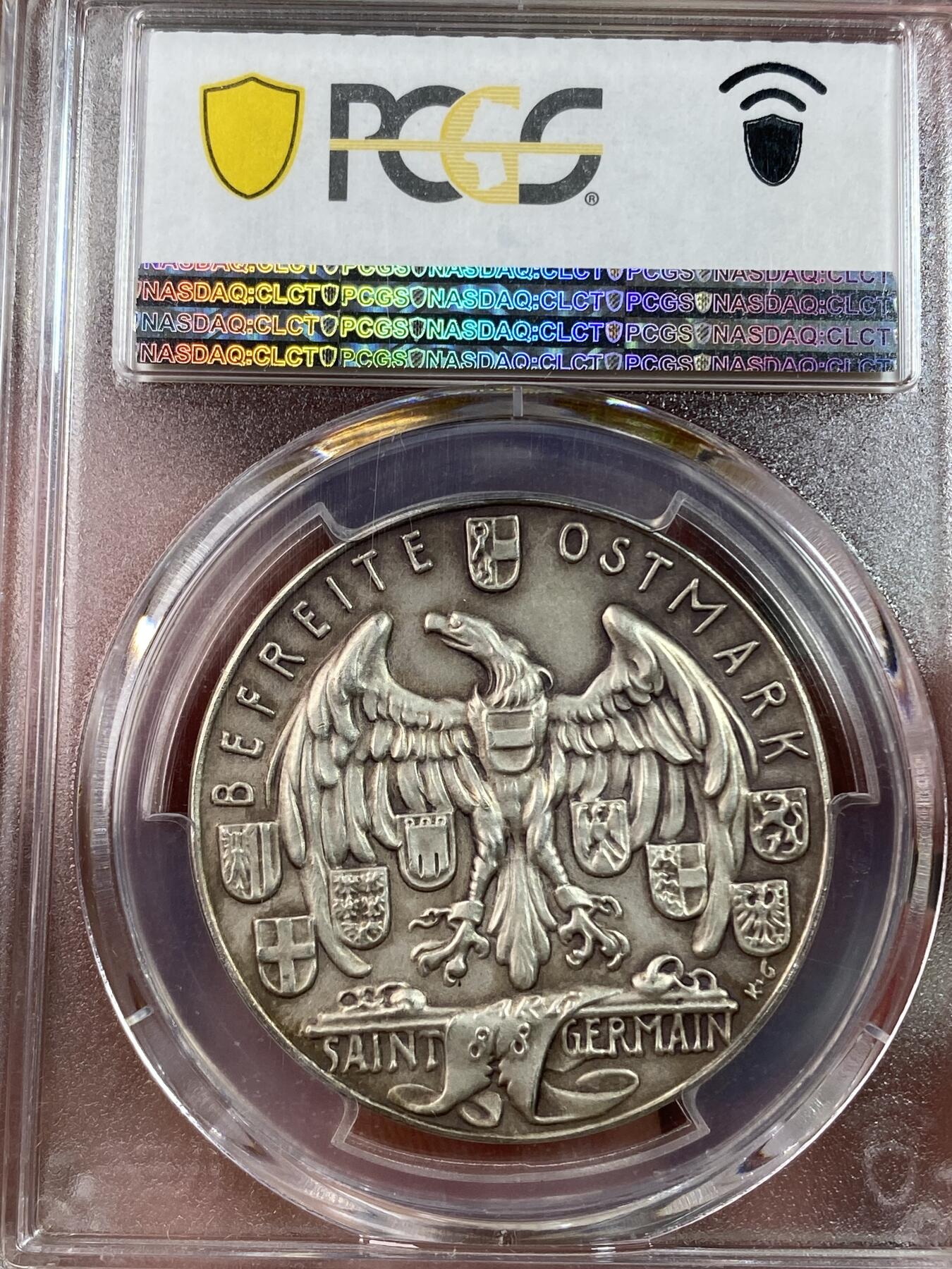 万国钱币拍卖第028期（花前月下●同享良章美币） PCGS SP65 1938年德国吞并奥地利梅尔兹在圣日耳曼区大德意志盾徽上向帝国致敬银章 卡尔·哥茨设计名誉品种 原盒包浆 PC冠军分