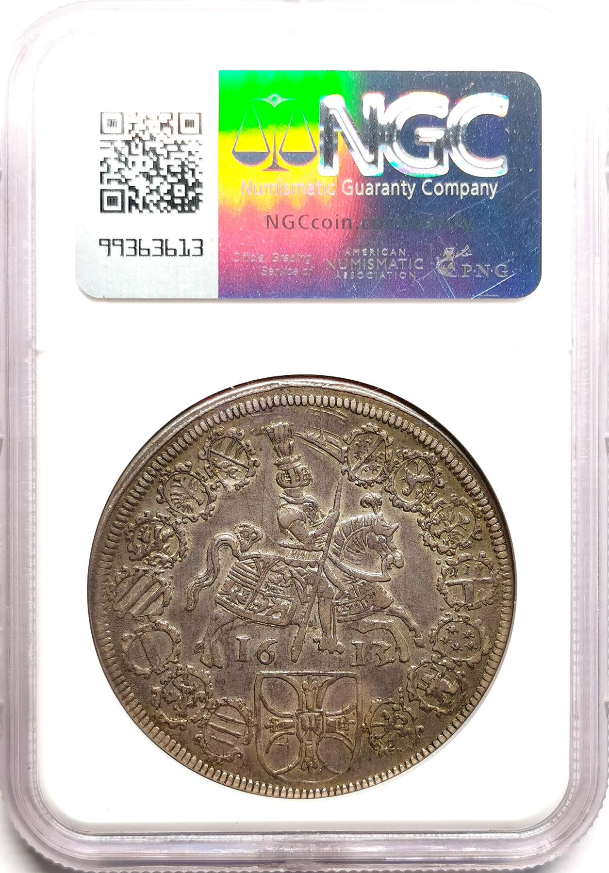 凡希社世界钱币微拍第二百七十五期 1613/2条顿骑士团大团长马克西米利安骑士盾徽泰勒大银NGC-VF35，气韵高古的原味美品，细节相当不错，骑字版稀有！