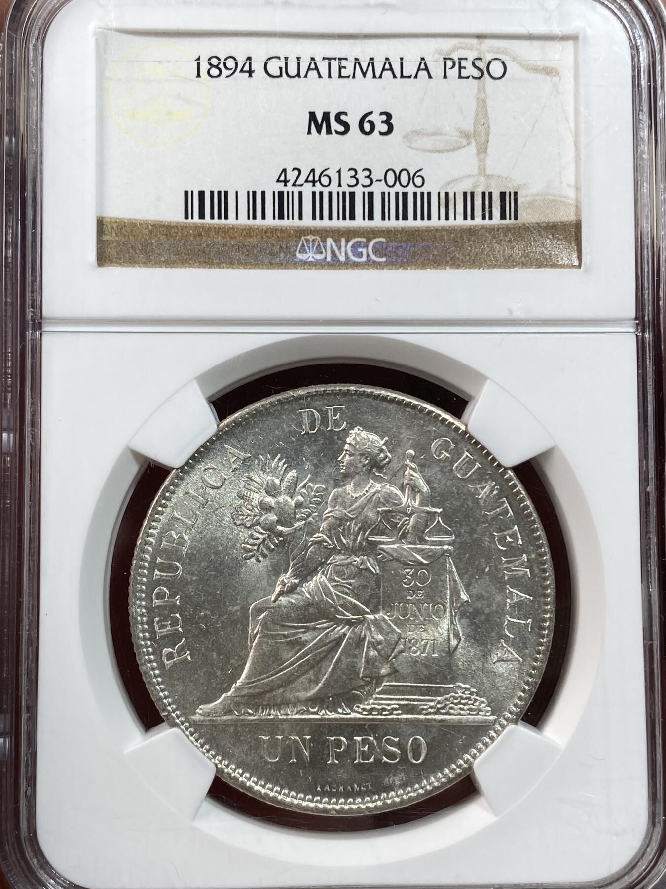 万国钱币拍卖第028期（花前月下●同享良章美币） NGC MS63 危地马拉1894年1比索银币 原光品相银光乍现，经典胜利女神图案，热门品种中的潜力股