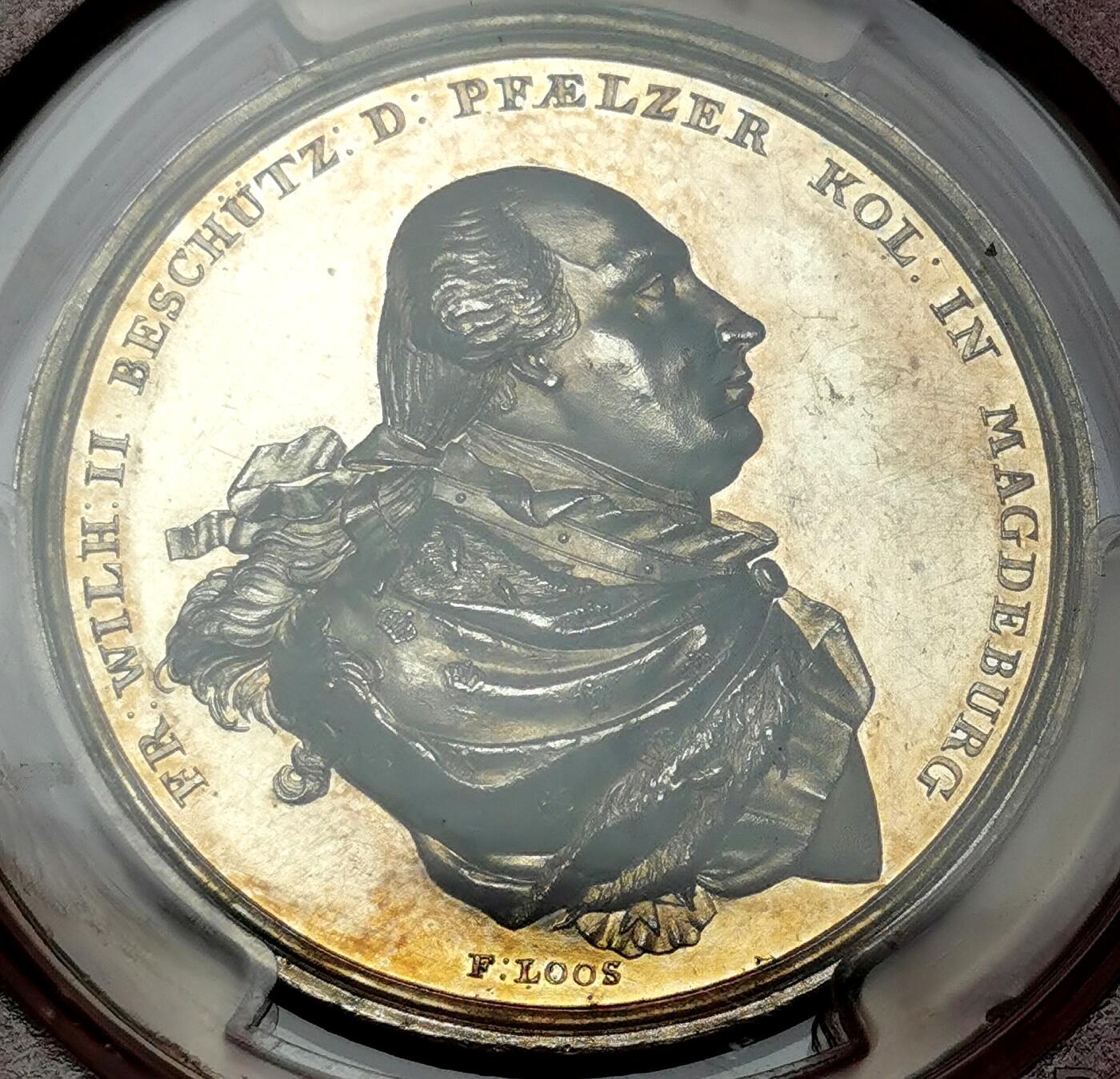 凡希社世界钱币微拍第二百七十五期 荐！1789德国普鲁士吞并马德堡纪念银章PCGS-SP63，LOOS经典作品，实物镜面强烈！