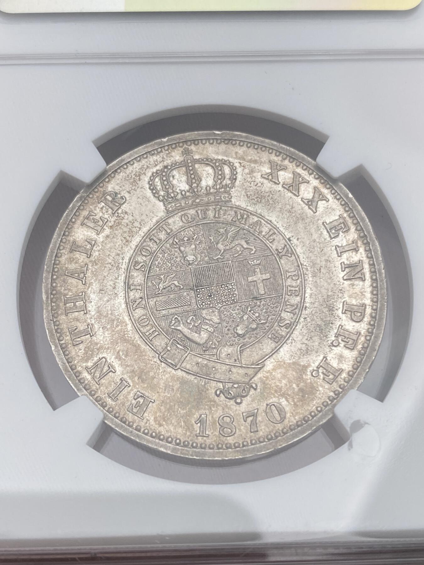 万国钱币拍卖第028期（花前月下●同享良章美币） NGC MS61 1870年德国梅克伦堡-施特雷利茨流通1泰勒 小邦中的小难题之一 原味高点表现不俗