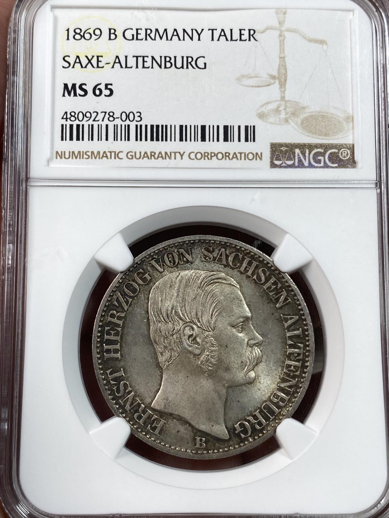 万国钱币拍卖第028期（花前月下●同享良章美币） NGC MS65 1869年德国萨克森-阿尔滕堡邦徽流通1泰勒 原味实物状态炸裂 丝绸光完全暴露 NGC亚军分 非常难得的高质量小邦泰勒