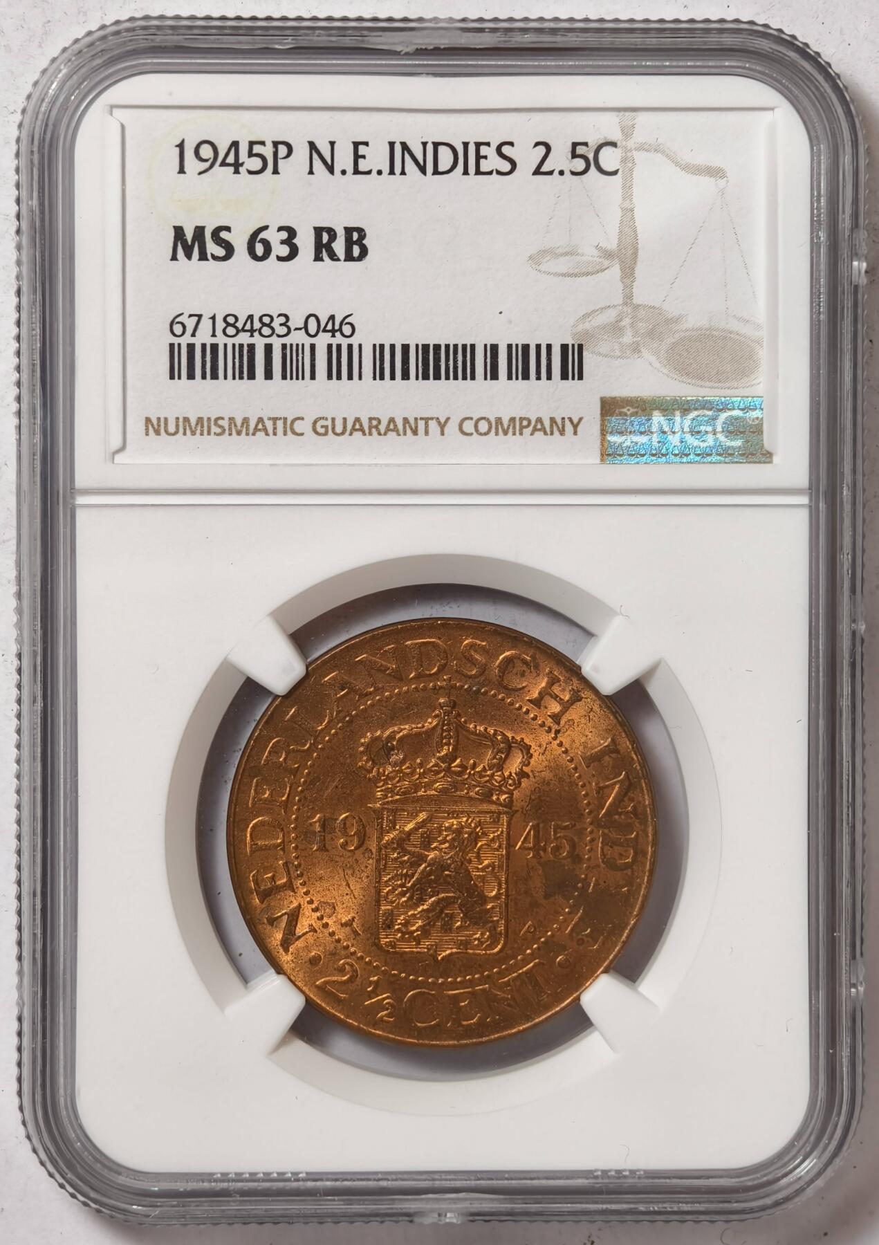 紫瑗钱币——第374期拍卖 荷属东印度 1945年 P版 2.5分 铜币 NGC MS63 RB