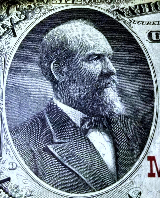 【Blue Auction】✨世界纸币精拍第500期盛典——白金之夜🔥🔥🔥    U-【红库印冠军分 仅5张】美国 1882年5美金 美国第20任总统詹姆斯·艾伯拉姆·加菲尔德 PMG66EPQ 顶级高分 凹凸感佳 人像雕刻极致 尤其是胡子 极具威严气势 老壳子 升值品种值得收藏