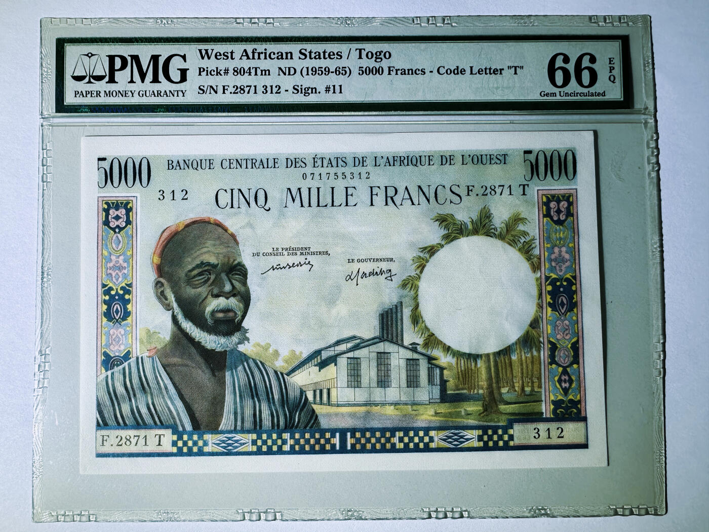 【Blue Auction】✨世界纸币精拍第500期盛典——白金之夜🔥🔥🔥 F-【无47 升值品种】法属西非 多哥版 1961-65年5000法郎 大奶妈 法属大方块 精美 PMG66EPQ  法属玩家不可绕过的一张精品