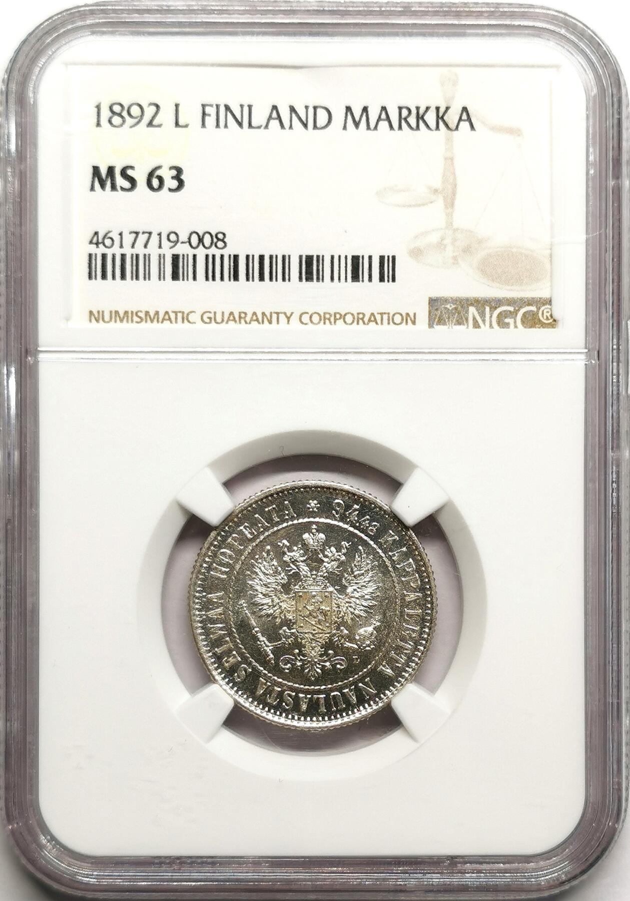 凡希社世界钱币微拍第二百七十五期 1892L俄占芬兰马克银币NGC-MS63