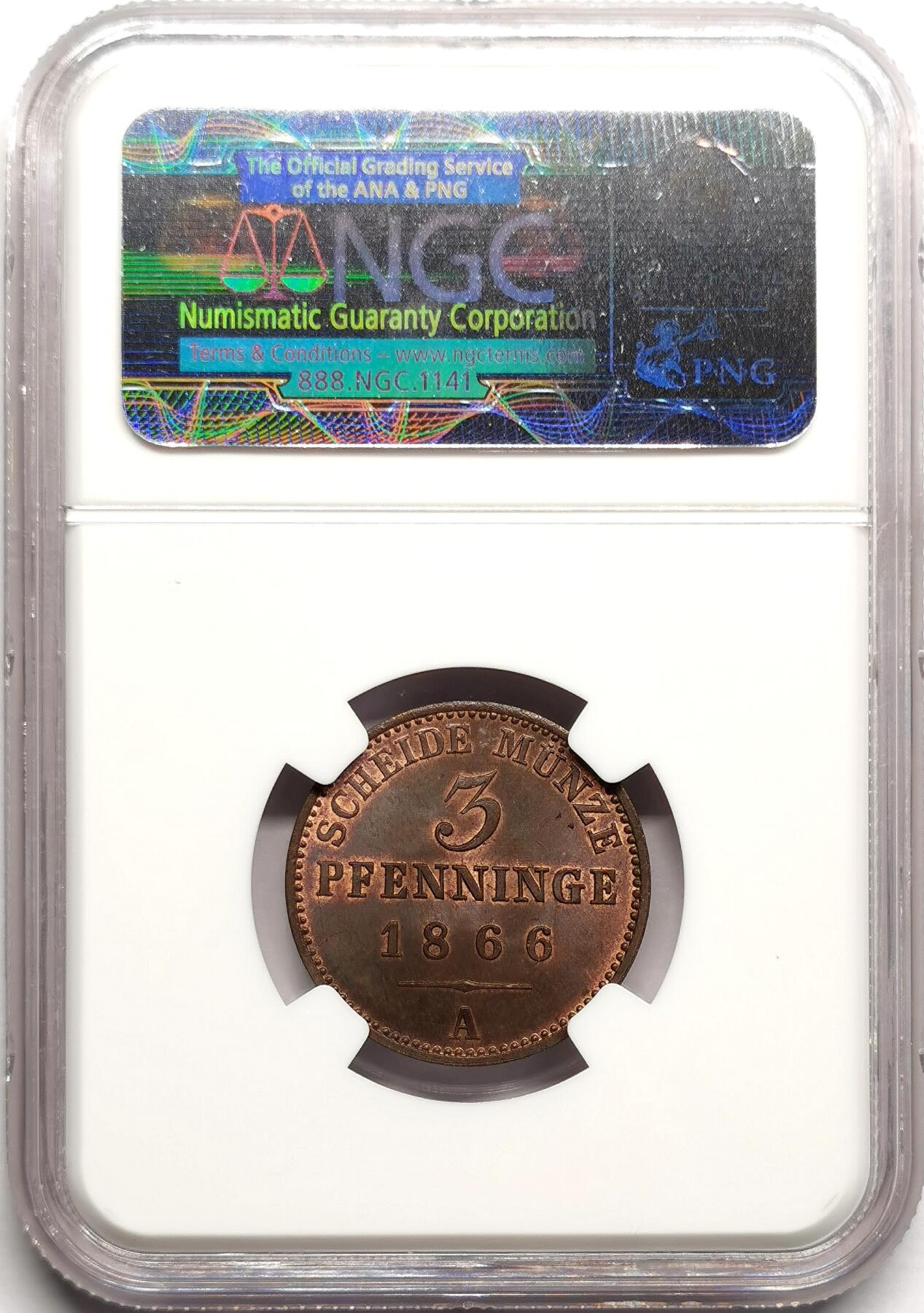 凡希社世界钱币微拍第二百七十五期 1866A德国普鲁士3芬尼铜币NGC-MS65