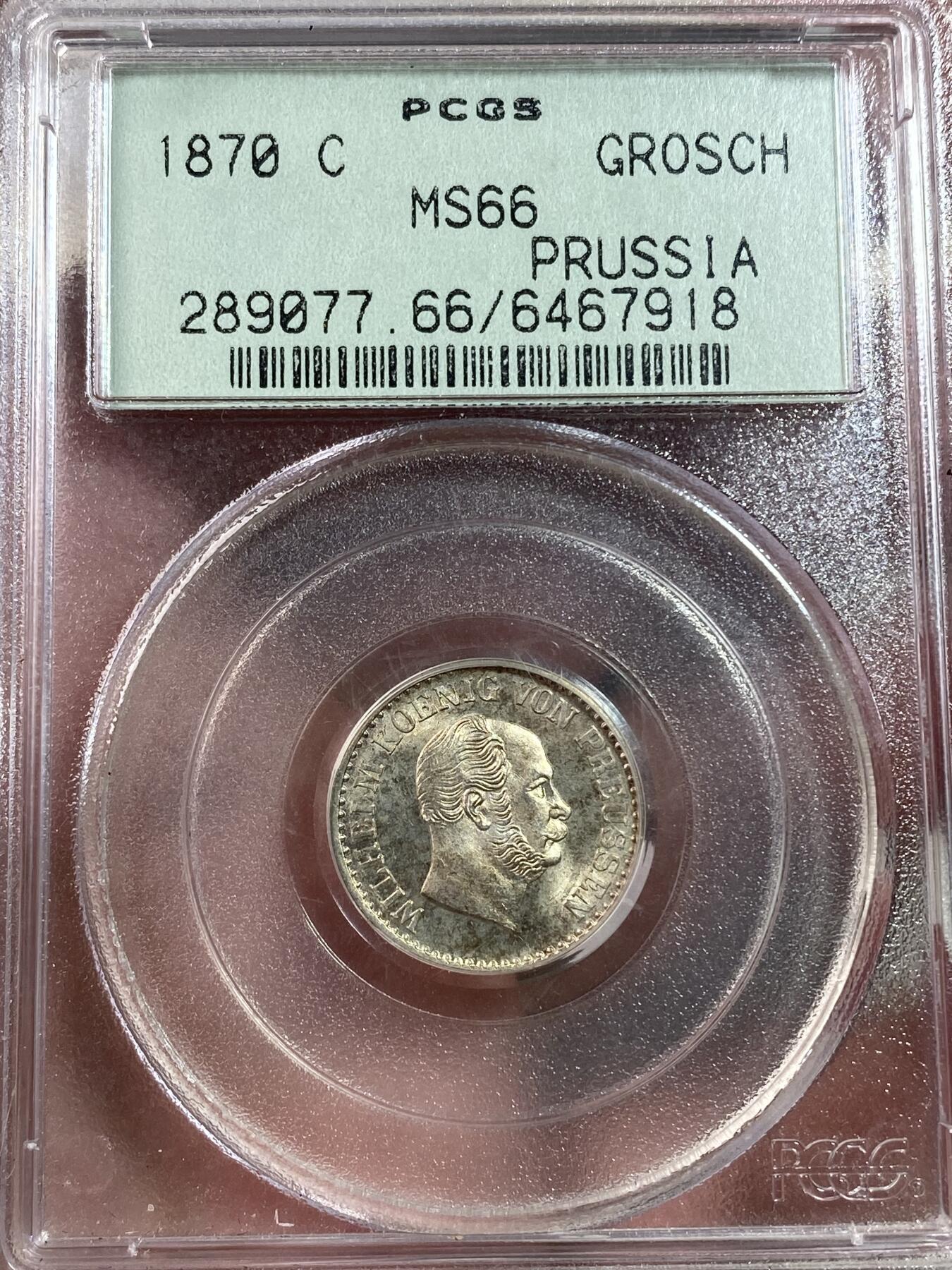 万国钱币拍卖第028期（花前月下●同享良章美币） PCGS MS66 1870年德国普鲁士威廉一世1格罗申银币 C厂法兰克福厂铸造 经典P记老绿盒