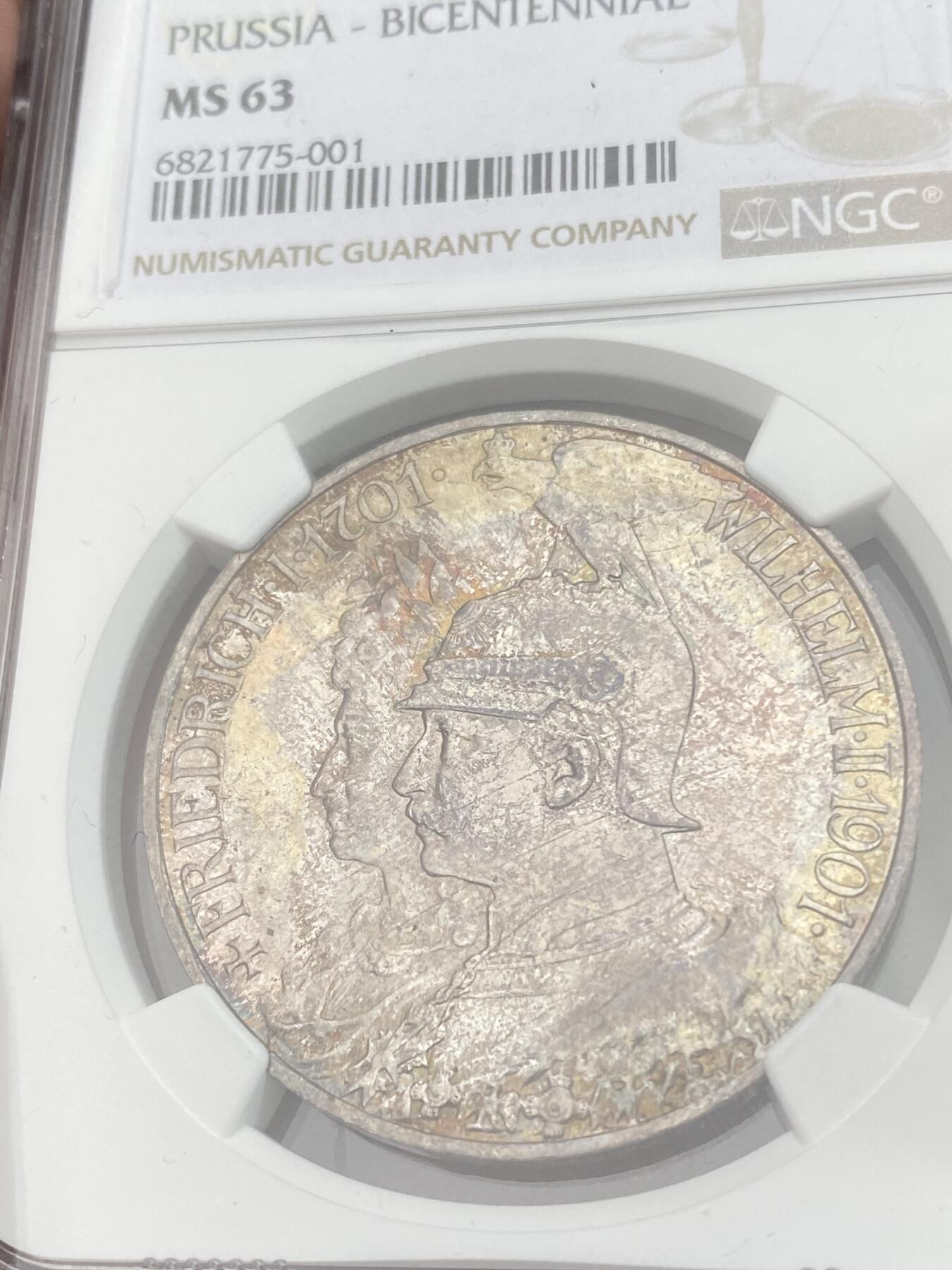 万国钱币拍卖第028期（花前月下●同享良章美币） NGC MS63 1901年德国威廉二世纪念普鲁士建国200周年流通5马克 帝国马克最广为流通的系列之一 炫彩包浆