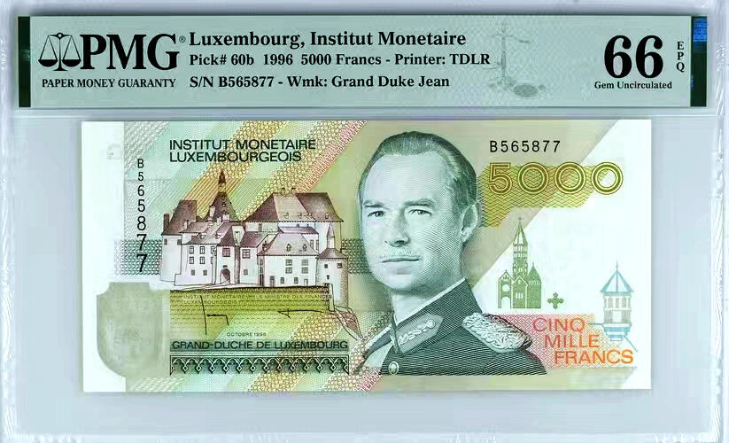 【Blue Auction】✨世界纸币精拍第500期盛典——白金之夜🔥🔥🔥 L-卢森堡 1996年5000法郎最高值 PMG66EPQ 正面表现了当时的卢森堡大公让（Grand Duke Jean），和一些卢森堡当地的建筑，背面表现的是卢森堡东北部的吉斯伯格的一些建筑