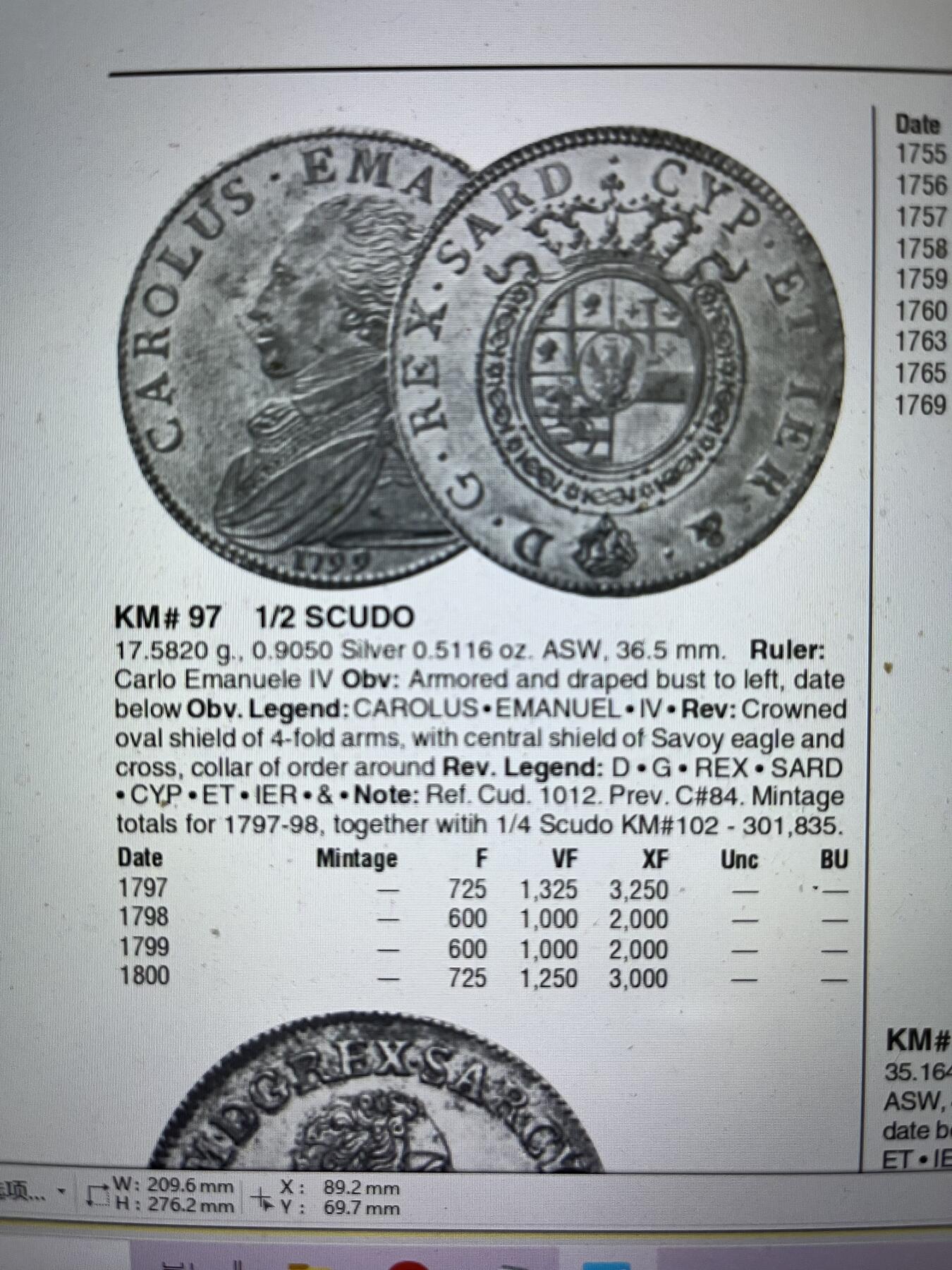 NGC-XF40 1799撒丁岛伊曼纽尔四世半斯库多银币 季军稀有品种