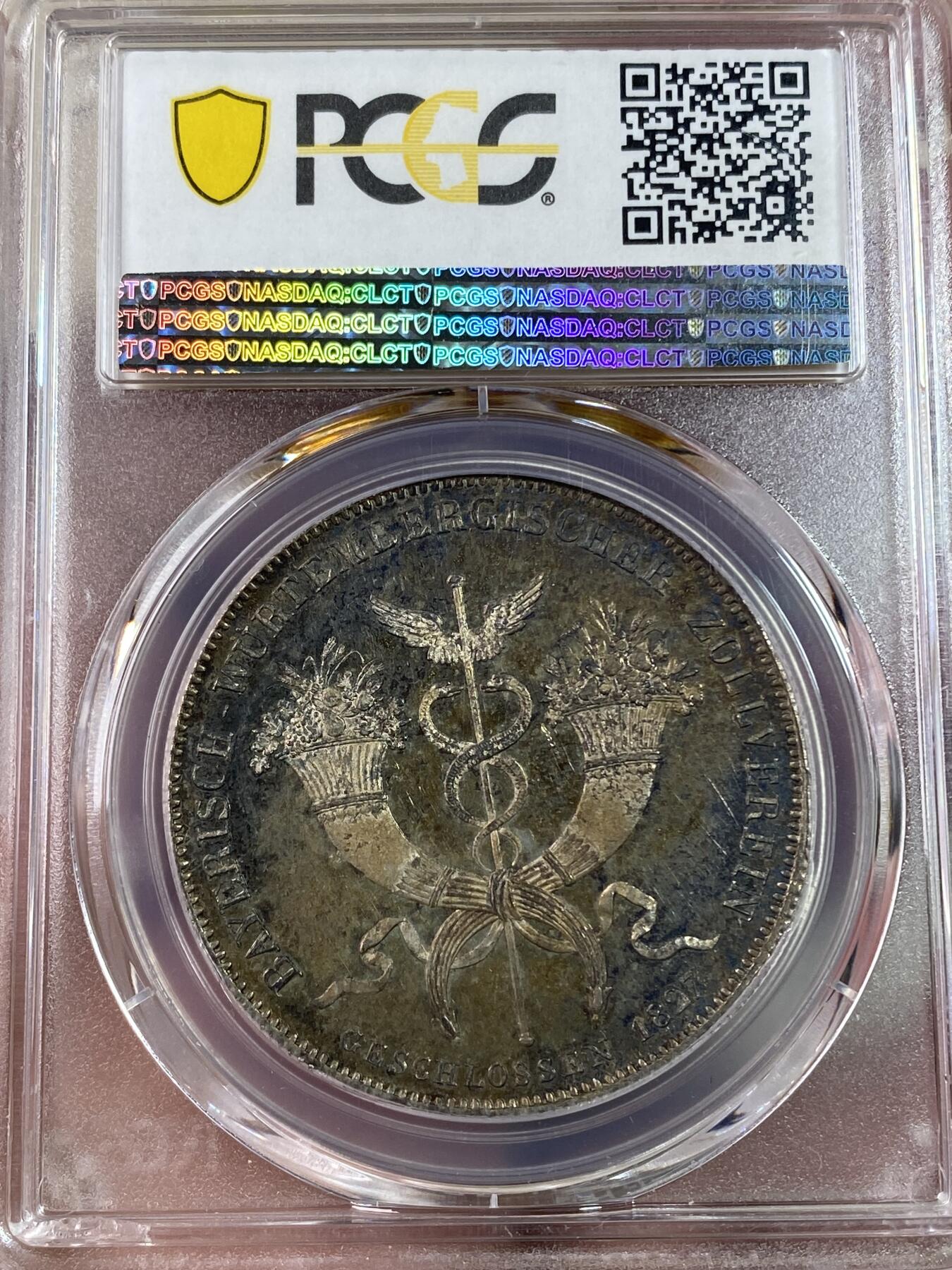万国钱币拍卖第028期（花前月下●同享良章美币） PCGS MS64+ 1827年德国巴伐利亚路德维希一世海关条约大泰勒 纪念巴伐利亚州和符腾堡州签署海关条约 老彩转光 完全原味的状态 PC唯一亚军分 