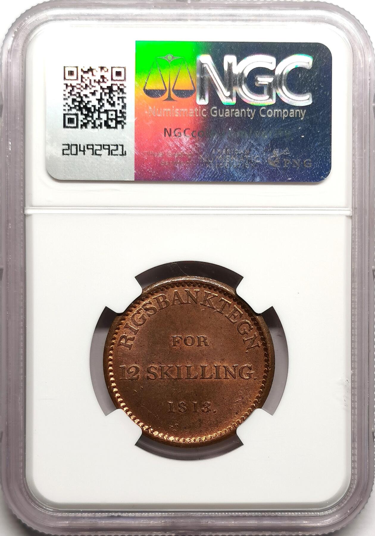 凡希社世界钱币微拍第二百七十五期 1813丹麦国家银行12SK铜代用币NGC-MS64，罕见原光高品！
