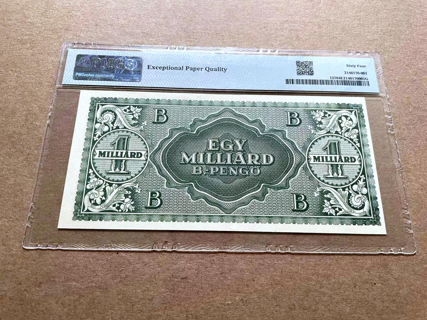 【Blue Auction】✨世界纸币精拍第500期盛典——白金之夜🔥🔥🔥 H-【面值最大纸币】匈牙利 1946年 1 Milliard B.-Pengo PMG64EPQ 票面清新耐看 升值品种 备受追捧 当时时代动荡通胀的缩影 具有别样的收藏价值 