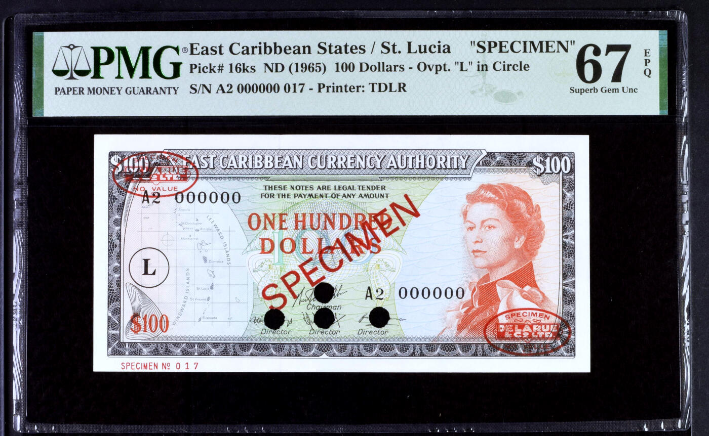 【Blue Auction】✨世界纸币精拍第500期盛典——白金之夜🔥🔥🔥 E-【冠军分】东加勒比 1965年100元 戎装女王 PMG67EPQ  高分样钞 定让不少女王纸币藏家蠢蠢欲动 背面东加勒比海风光令人心醉 