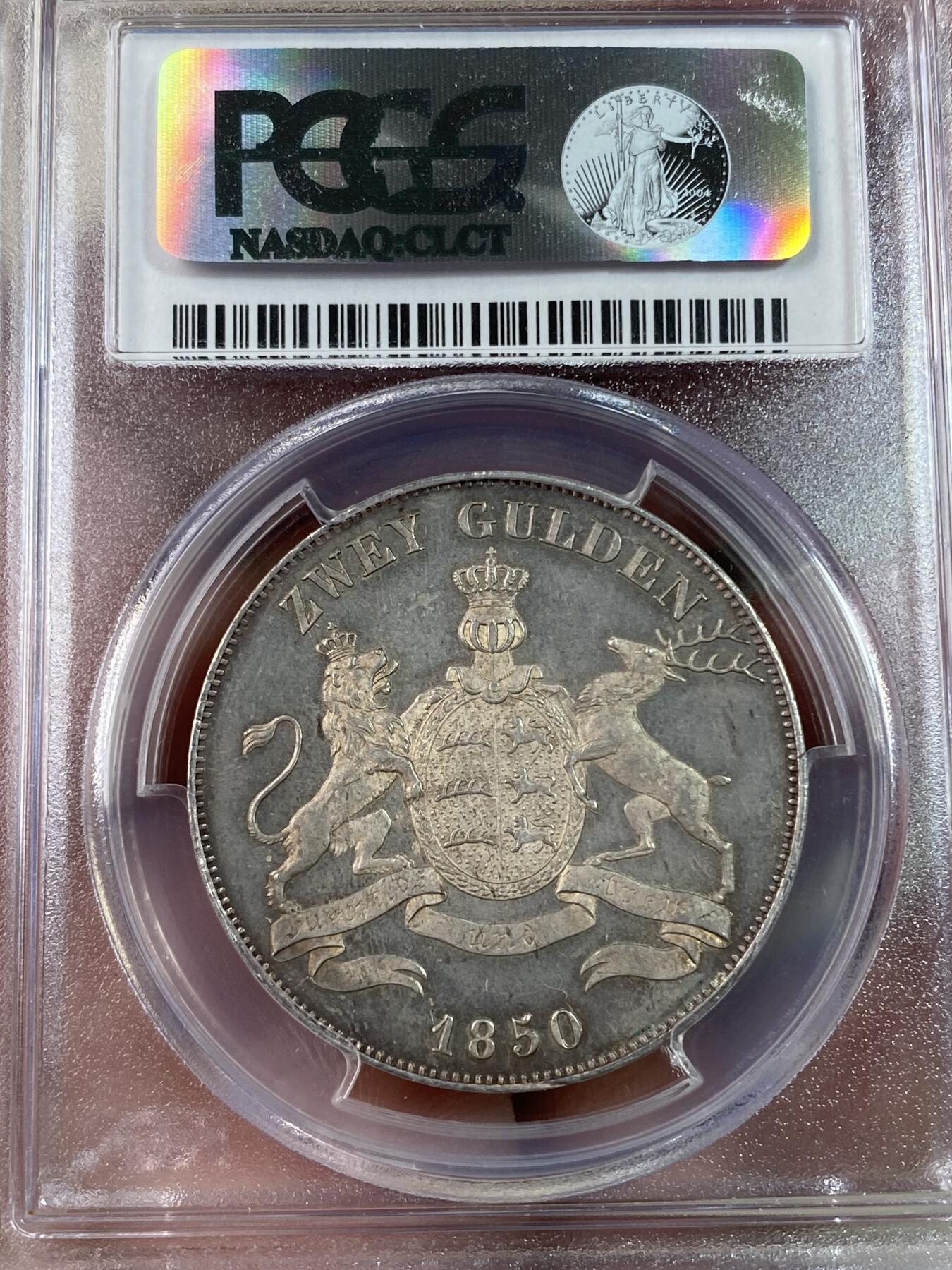 万国钱币拍卖第028期（花前月下●同享良章美币） PCGS MS64 1850年德国符腾堡狮鹿2古尔登大银币 粉光和镜面霜感非常明显 BU级别难度极大的2盾品种 PC老评亚军 更高分仅一枚
