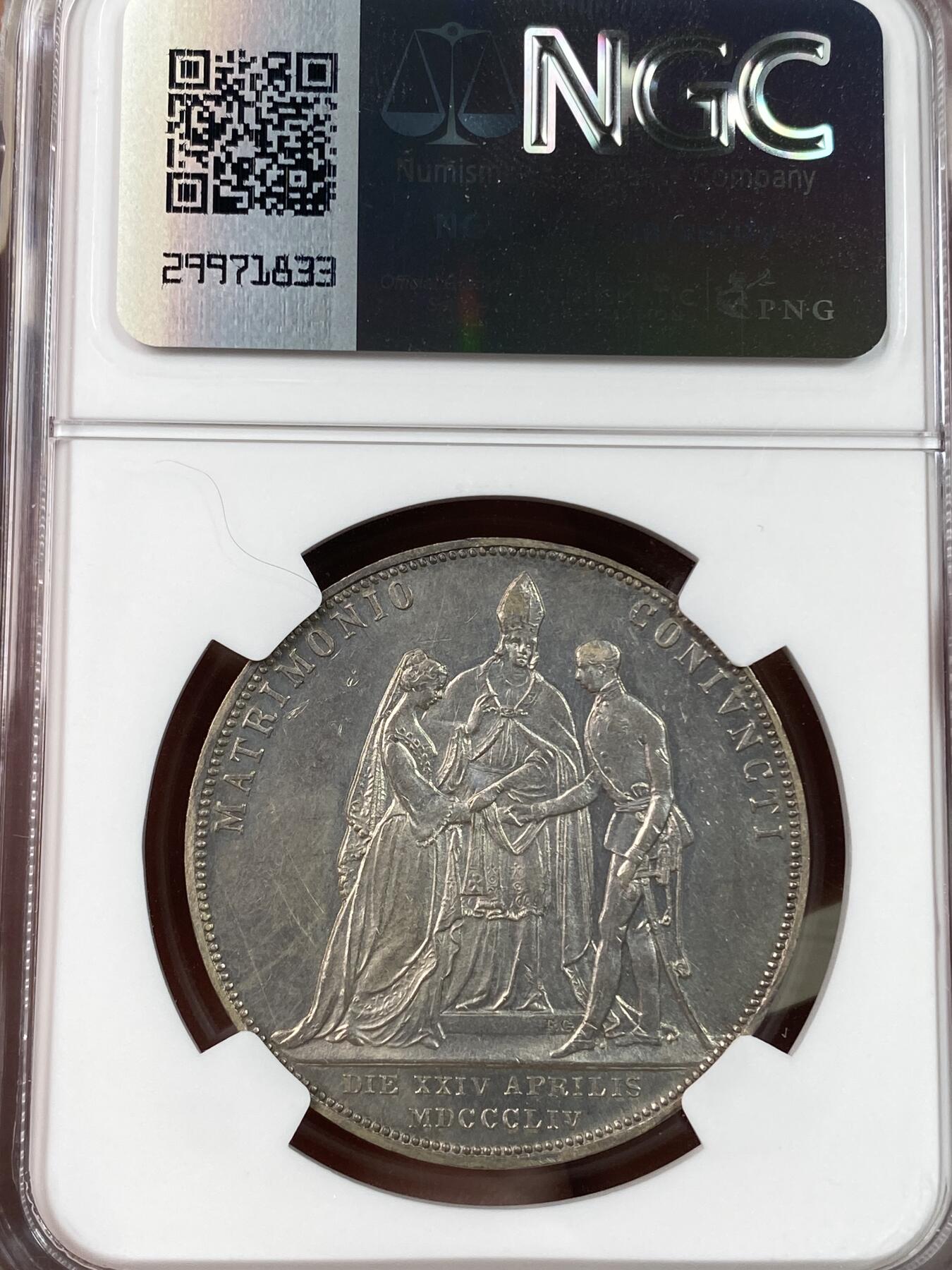 万国钱币拍卖第028期（花前月下●同享良章美币） NGC MS61 1854年奥地利佛朗茨一世与伊丽莎白皇后结婚纪念2古尔登大银币 茜茜公主的名誉结婚系列