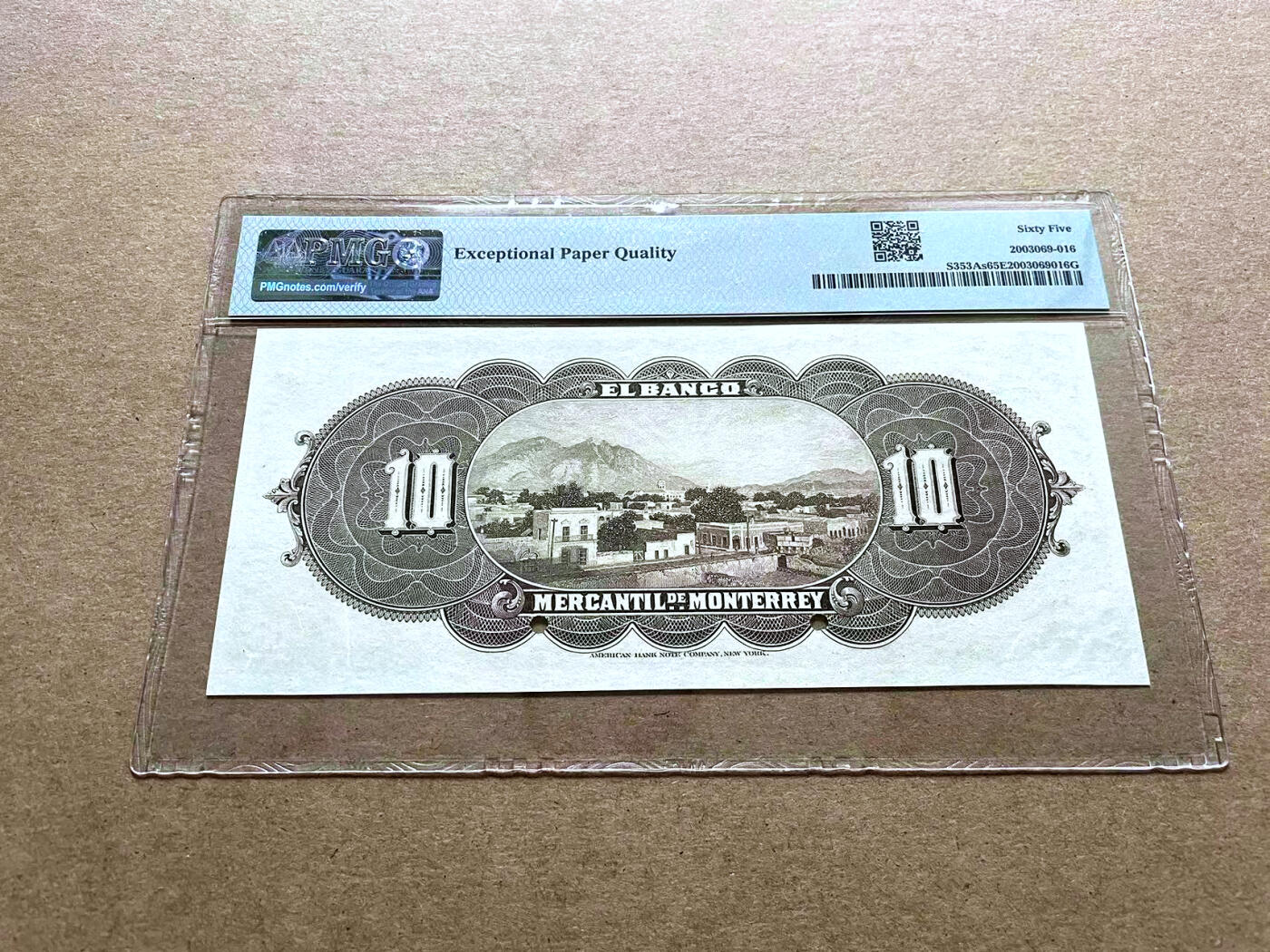 【Blue Auction】✨世界纸币精拍第500期盛典——白金之夜🔥🔥🔥 M-【逢大胡子必涨 目录价1250美金】墨西哥 1906-11年10比索 PMG65EPQ ABNC出品 M.Escobede将军人物雕刻非常精美 背面为墨西哥第三大城市，有着“北方艳后”、“东北巨人”、“群山之城”、“北方之都”等别称的蒙特雷风景，蒙特雷被认为是墨西哥最美国化的城市，丰富多彩的历史和文化是其最大的特色，拥有多处赏心悦目的自然美景和充满人文气息的旅游胜地。