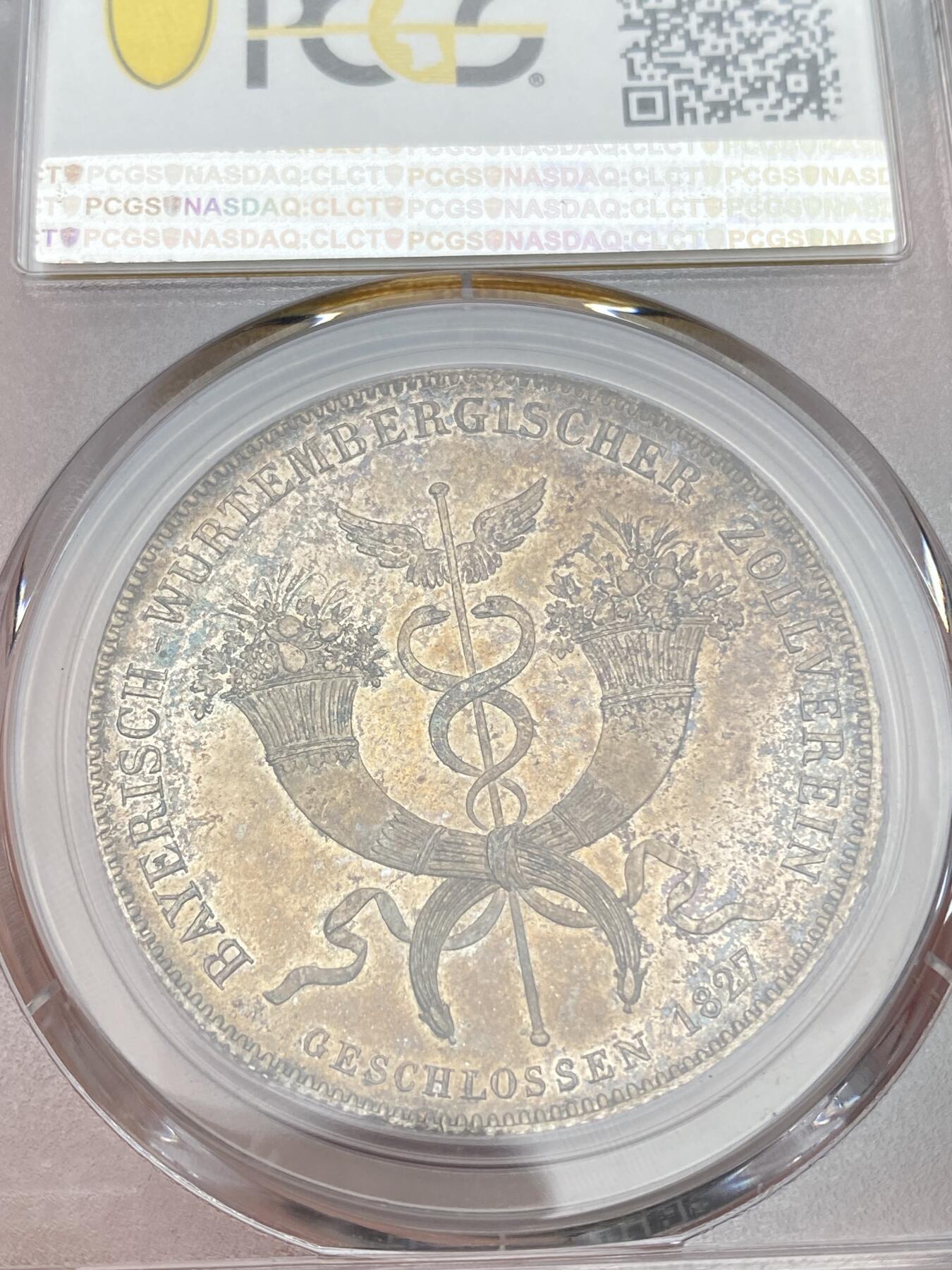 万国钱币拍卖第028期（花前月下●同享良章美币） PCGS MS64+ 1827年德国巴伐利亚路德维希一世海关条约大泰勒 纪念巴伐利亚州和符腾堡州签署海关条约 老彩转光 完全原味的状态 PC唯一亚军分 