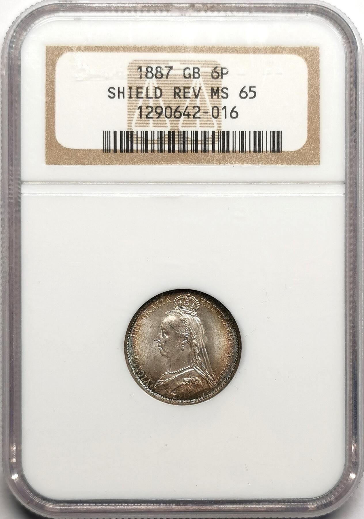 凡希社世界钱币微拍第二百七十五期 1887英国老维高冠6便士NGC-MS65，环彩绝美，N老盒严评！