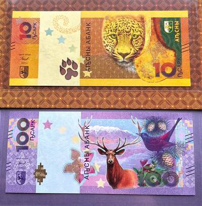 印尼/科摩罗/民国钞、阿布哈兹2024年纸币十位数小号，西藏新疆红钱、大小头、在华流通银元，匈牙利/马剑金币，琉球当百半朱、古琉球铜钱，秋田锷钱，英国安妮女王银币、泰国1铢屁股银锭、海地精制银币等，彼得堡世界钱币勋章拍卖第102期 - 阿布哈兹2024年10、100阿沙纸币两枚套、稀少十位数小号：28。原册装、含行长签名