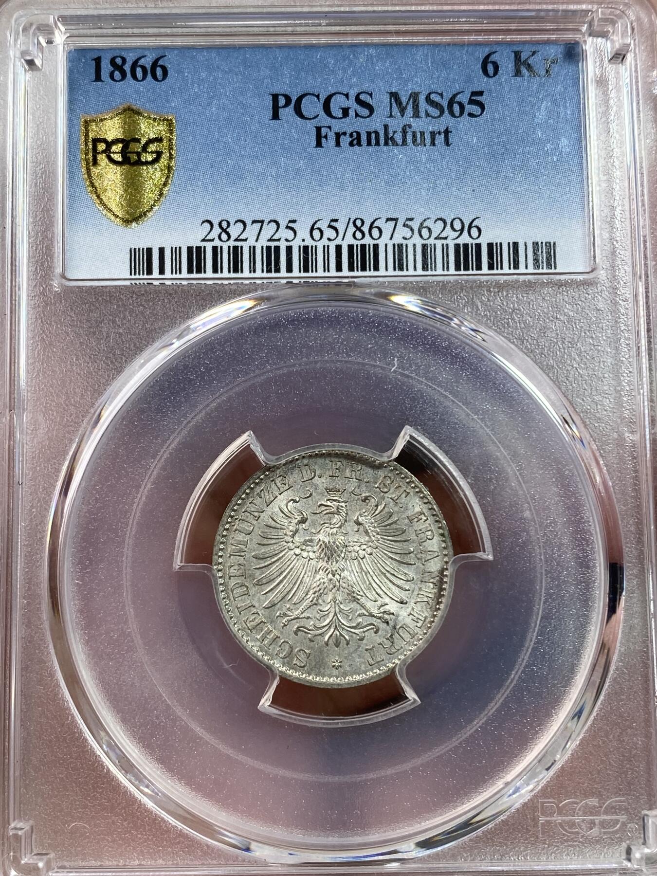 万国钱币拍卖第028期（花前月下●同享良章美币） PCGS MS65 1866年德国法兰克福末年6克洛泽银币 1866年因法兰克福支持奥地利战败被普鲁士占领 丝绸光底板非常亮眼