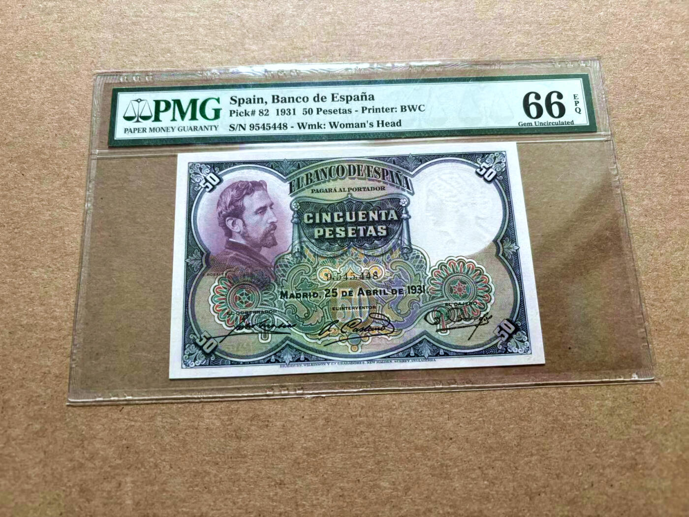 【Blue Auction】✨世界纸币精拍第500期盛典——白金之夜🔥🔥🔥 S-西班牙 1931年 50比塞塔 PMG66EPQ  BWC出品 名画《 