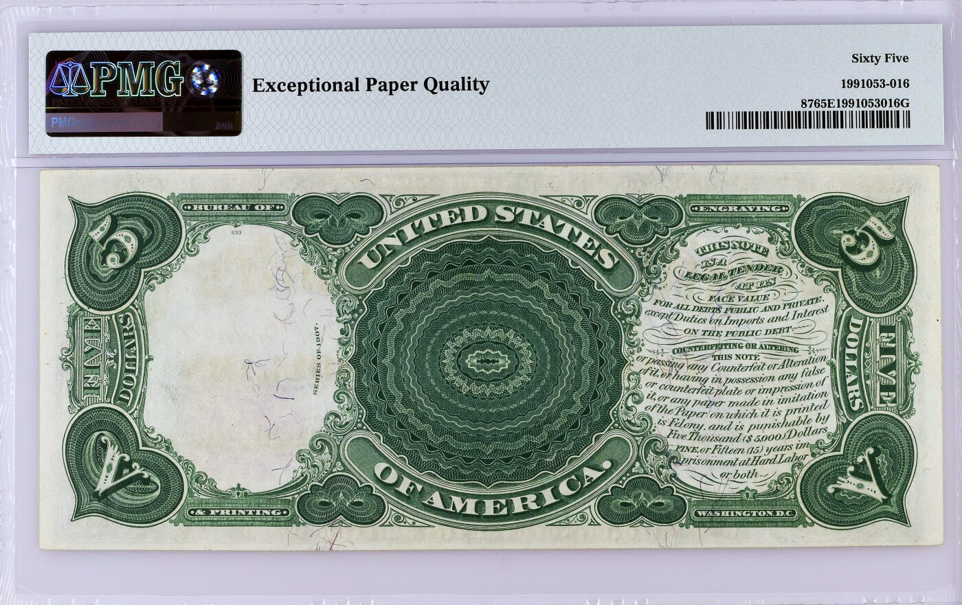 【Blue Auction】✨世界纸币精拍第500期盛典——白金之夜🔥🔥🔥  U-美国 1907年5美金 经典伐木工 PMG65EPQ 大票幅 设计精美 
