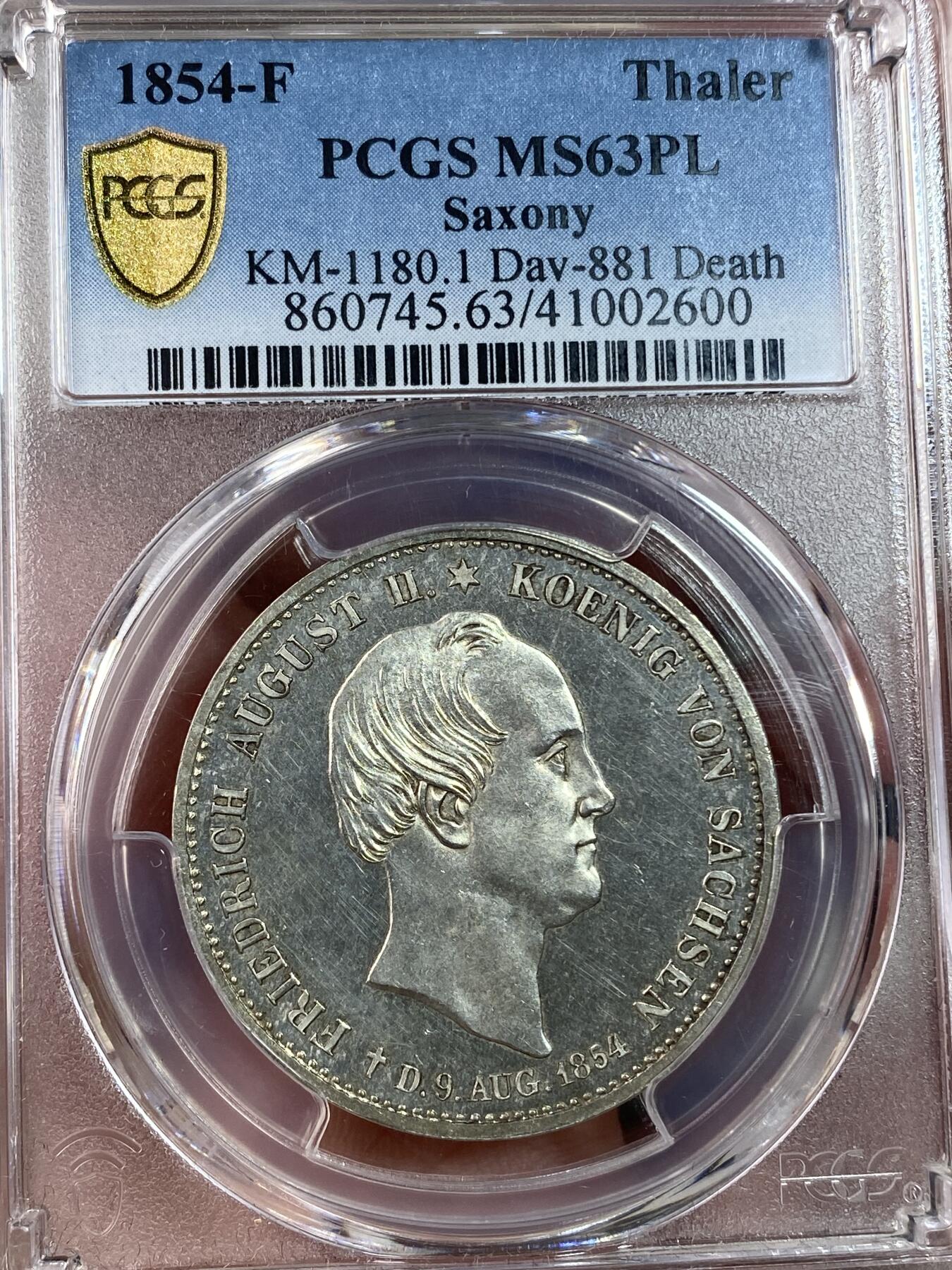 万国钱币拍卖第028期（花前月下●同享良章美币） PCGS MS63PL 1854年德国萨克森奥古斯特二世逝世纪念流通1泰勒 双神唯一一枚PROOFLIKE评级记录 其难度不言而喻