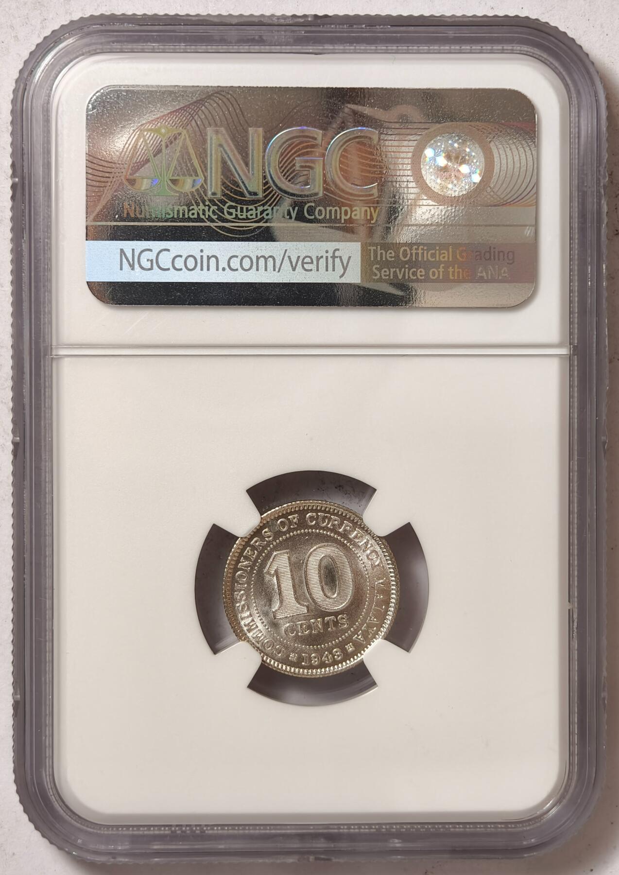 紫瑗钱币——第428期 马来亚 1943年 乔治六世 10分 银币 NGC MS64