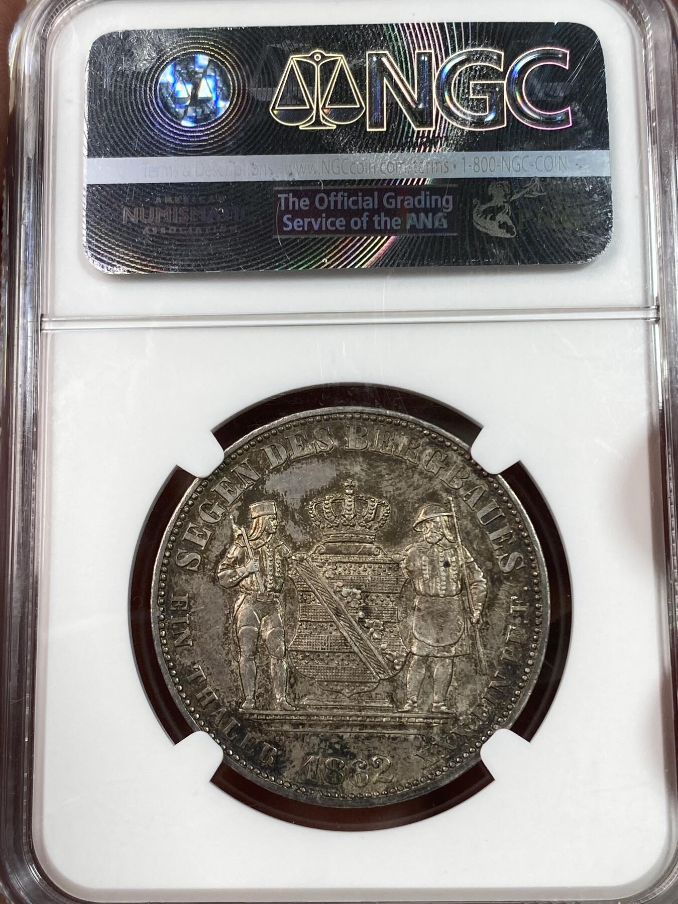 万国钱币拍卖第028期（花前月下●同享良章美币） NGC MS62 1862年德国萨克森矿业祈祷流通1泰勒 典型的欧洲五彩包浆 越来越难寻好品的品种