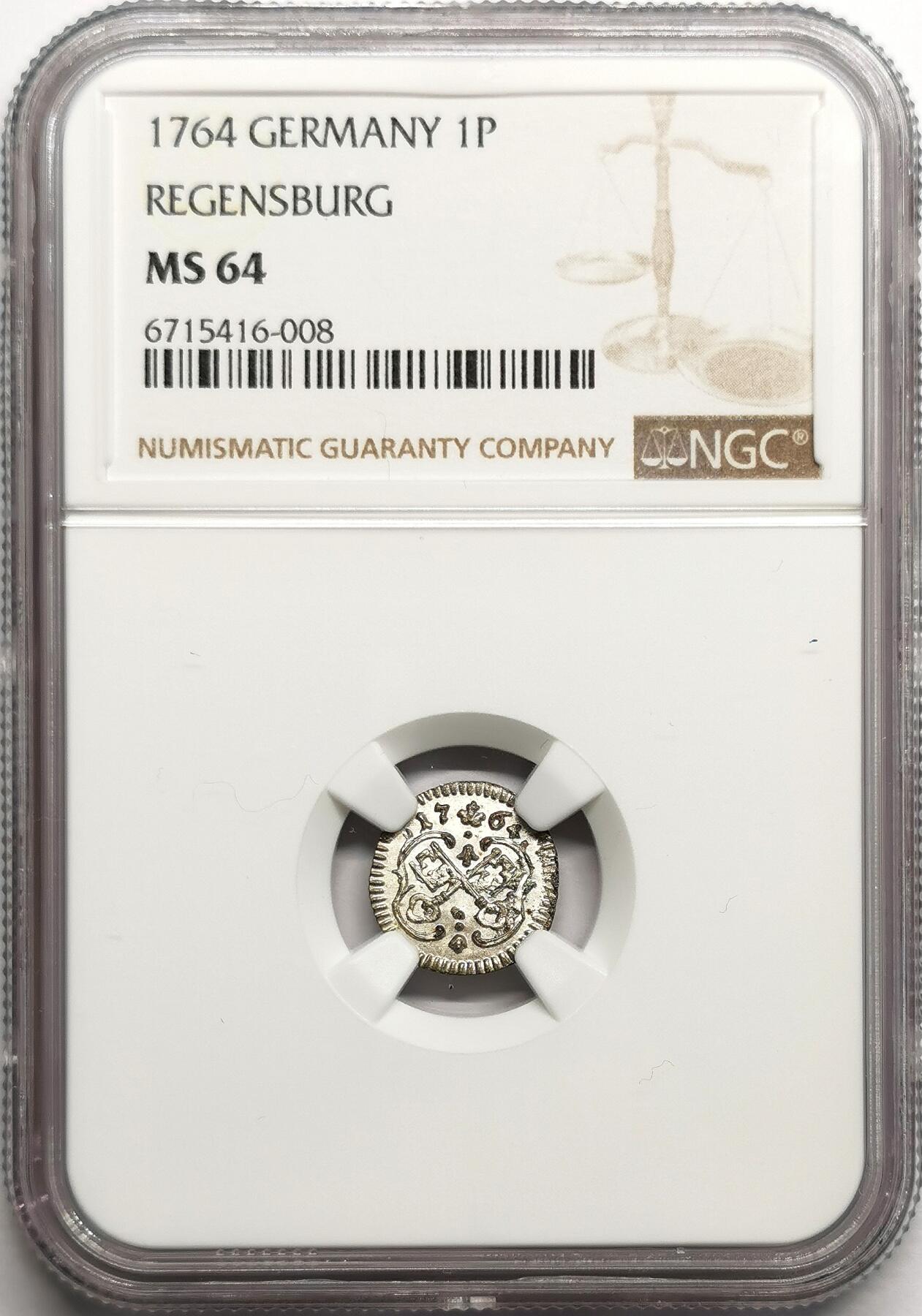 凡希社世界钱币微拍第二百七十五期 1764神罗雷根斯堡1芬尼银辅币NGC-MS64，原光顶级品！
