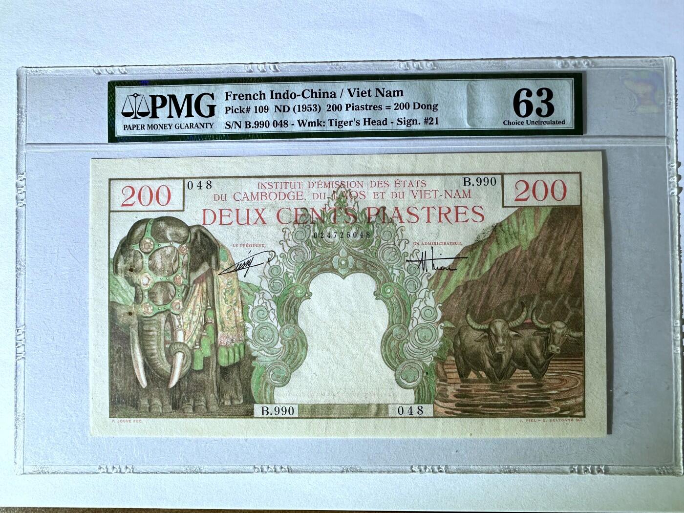 【Blue Auction】✨世界纸币精拍第500期盛典——白金之夜🔥🔥🔥 F-法属印支 越南版 1953年200皮 PMG63 超大票幅 越南末代君主“保大”皇帝阮福晪