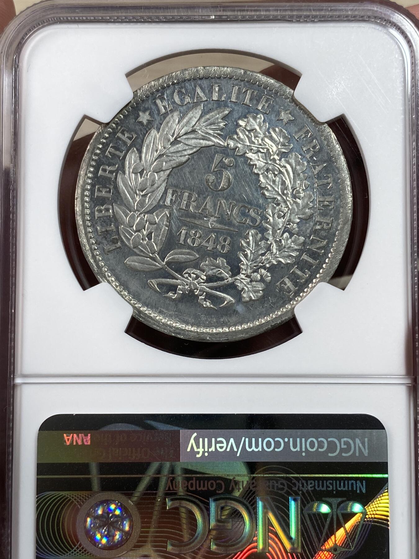 万国钱币拍卖第028期（花前月下●同享良章美币） NGC MS64 1848年法国5法郎合金大样币 MAZ-1279 essai  冠军分唯一评级 pl镜面工艺，细节打制精美。少见燕子厂标。