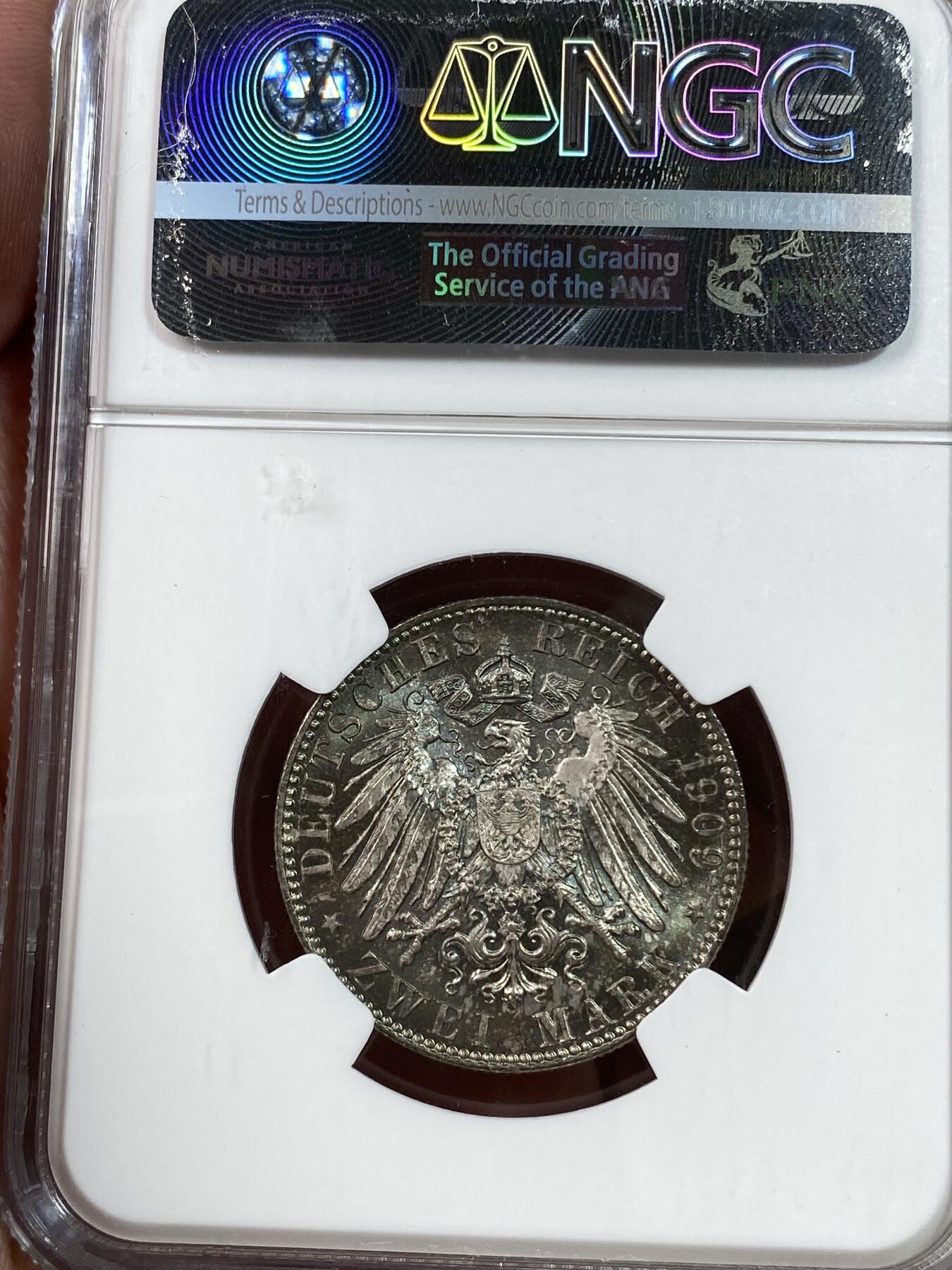 万国钱币拍卖第028期（花前月下●同享良章美币） NGC MS67 1909年德国萨克森莱比锡大学纪念流通2马克 顶级邮票光泽欧洲五彩包浆