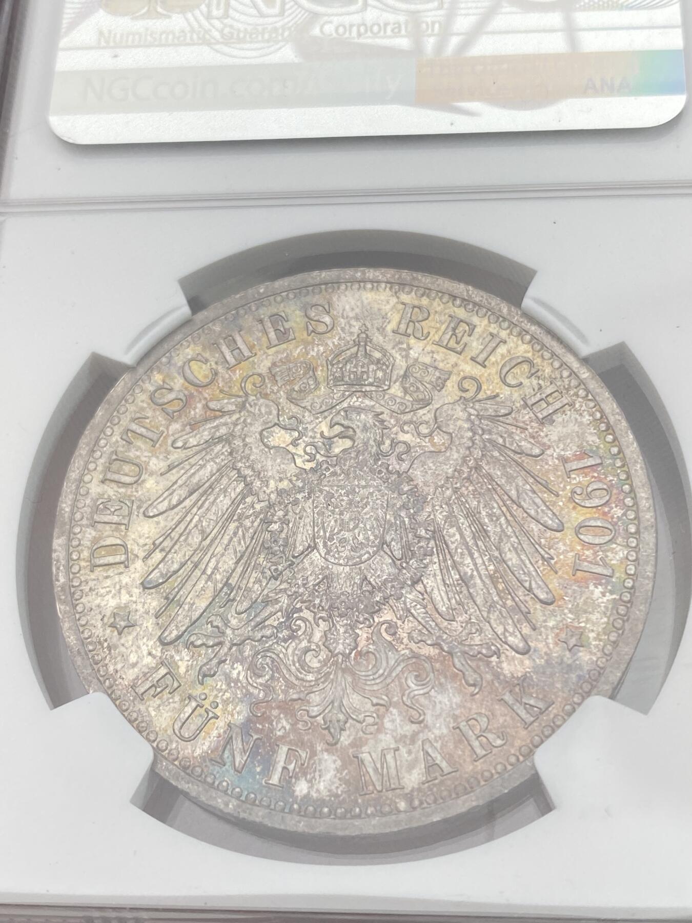 万国钱币拍卖第028期（花前月下●同享良章美币） NGC MS63 1901年德国威廉二世纪念普鲁士建国200周年流通5马克 帝国马克最广为流通的系列之一 炫彩包浆