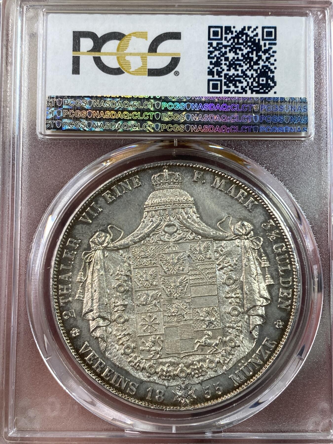 万国钱币拍卖第028期（花前月下●同享良章美币） PCGS MS64 1855年德国普鲁士威廉四世纹章2泰勒 虽说是比较入门的品种，但是此等BU级别的的确是很难见到了，此枚黄油转光，银霜满满，绝对不容错过的一枚高品质纹章2t。