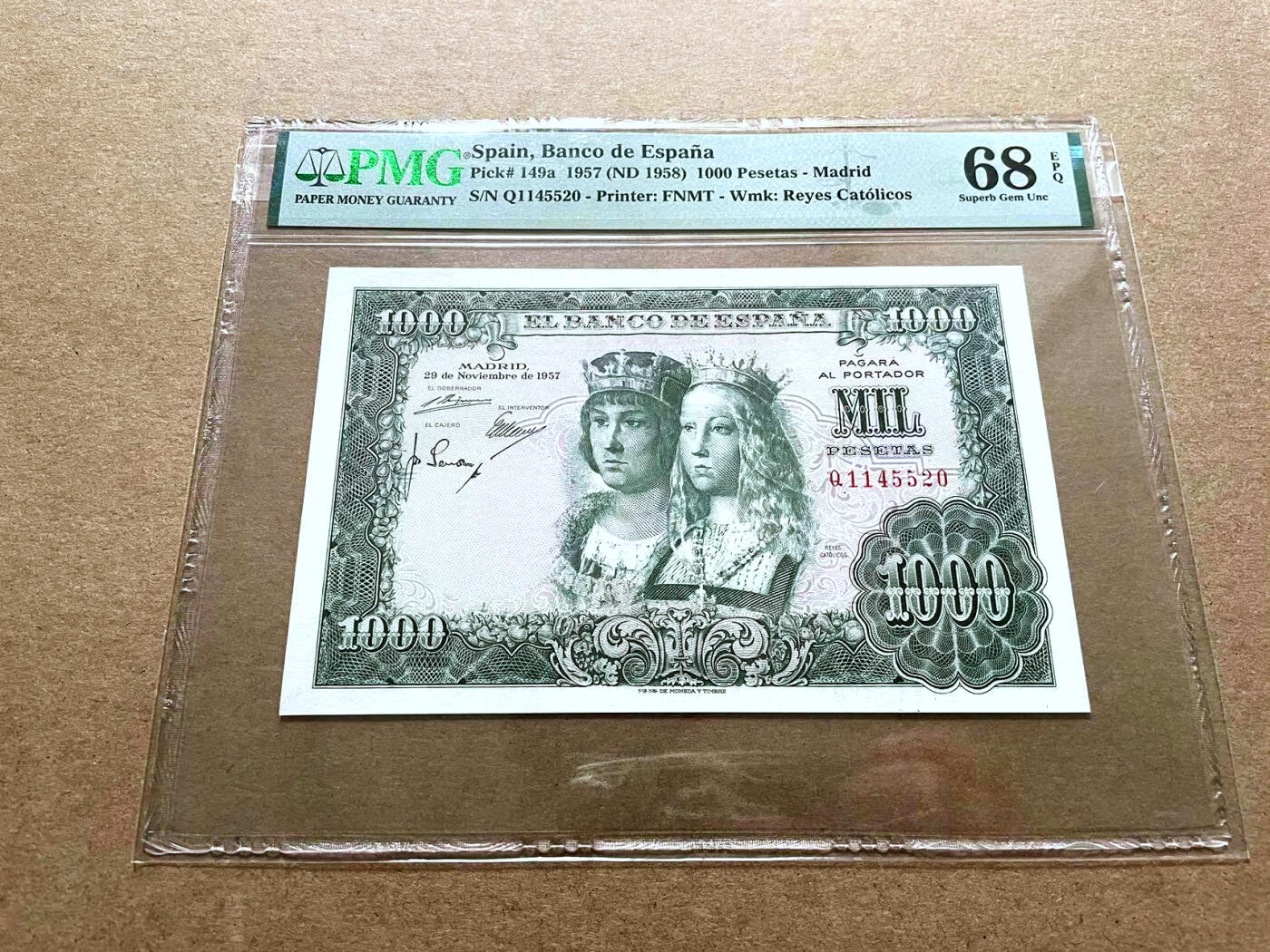 【Blue Auction】✨世界纸币精拍第500期盛典——白金之夜🔥🔥🔥 S-【520尾冠军分】西班牙 1958年1000比塞塔 经典双王 PMG68EPQ 超高分