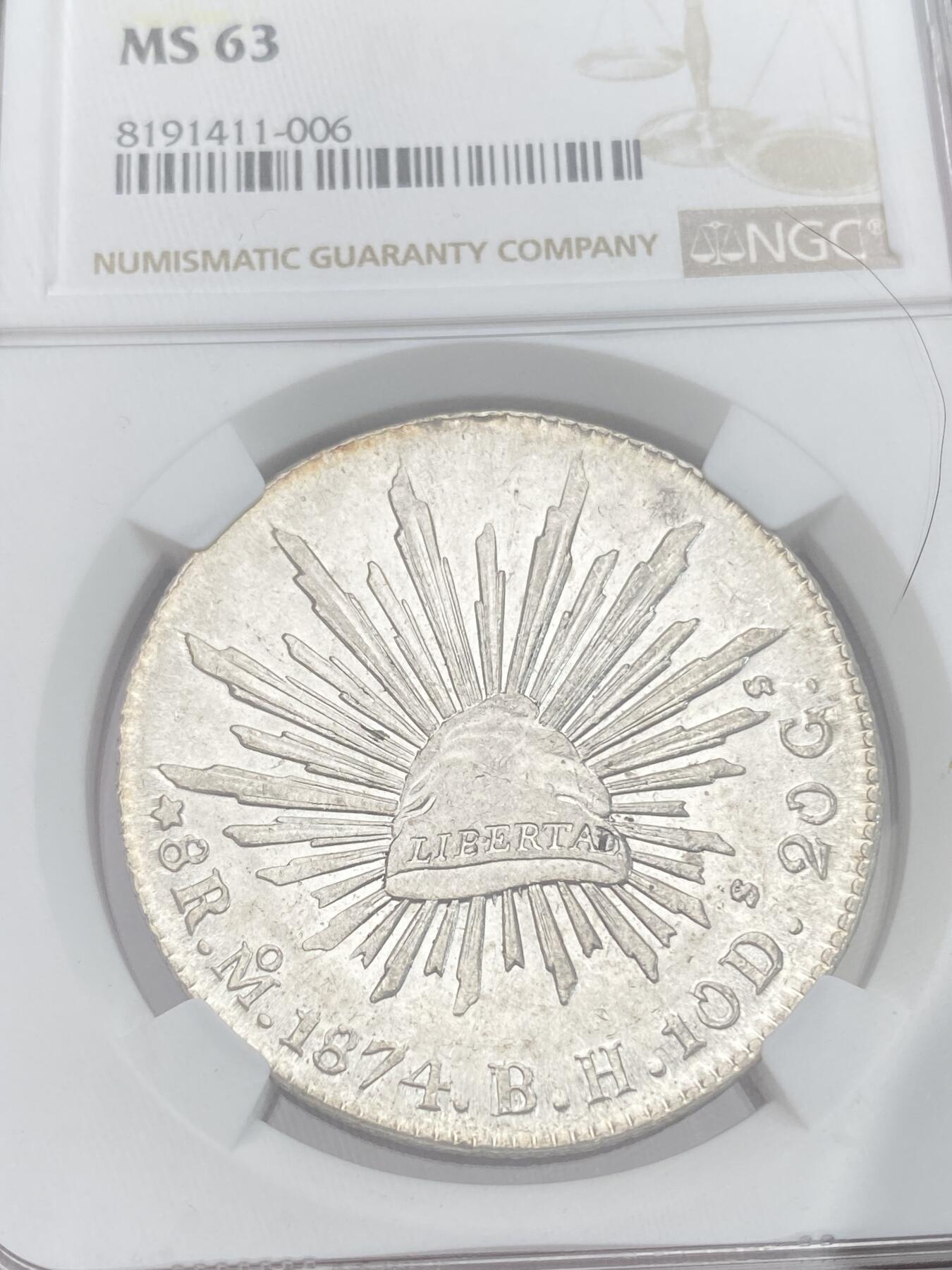 万国钱币拍卖第028期（花前月下●同享良章美币） NGC MS63 1874年墨西哥MO厂8R鹰洋 中期全毛银霜感十足