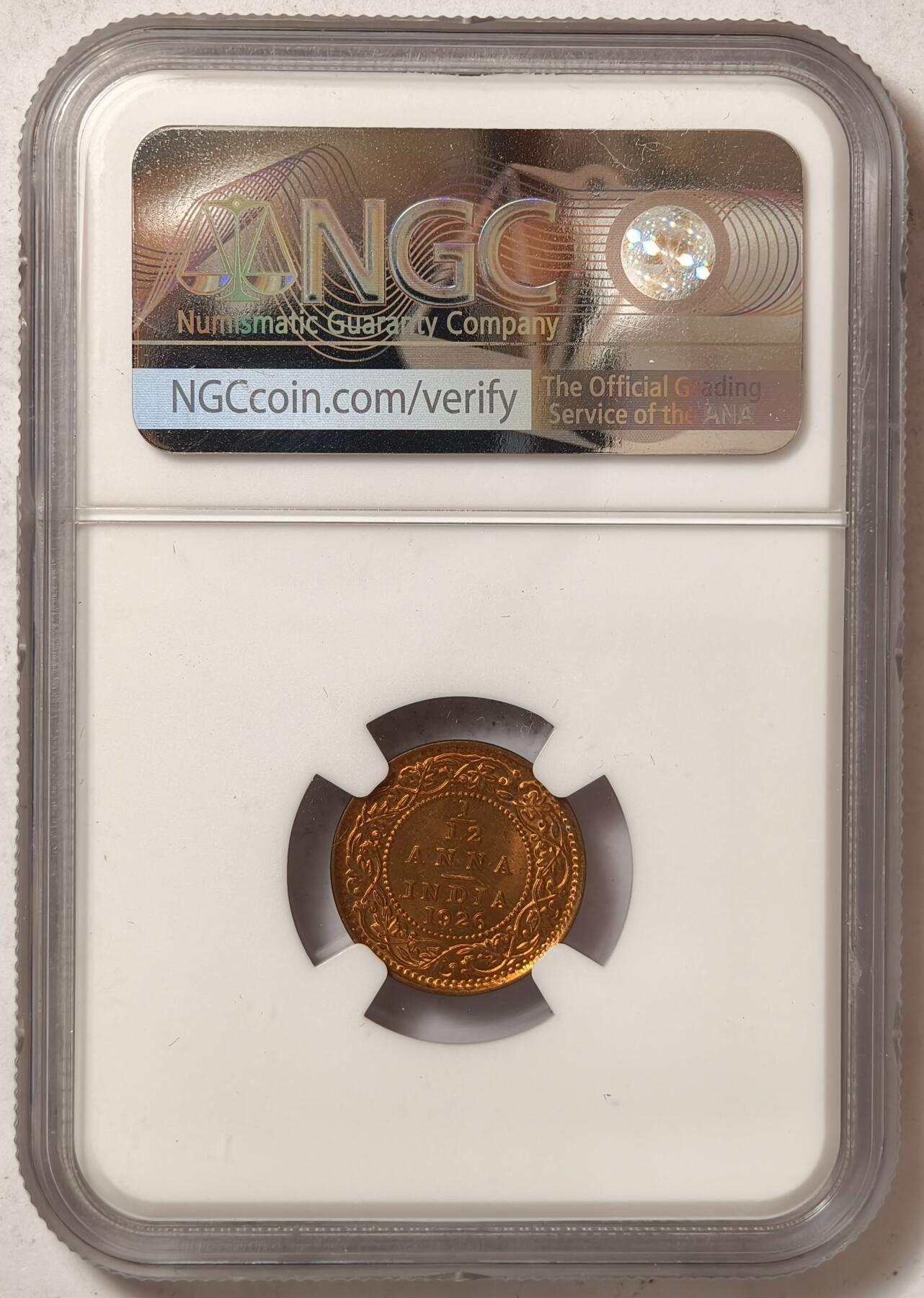 紫瑗钱币——第428期 英属印度 1926年 B版 乔治五世 1/12安娜 铜币 NGC M65RB
