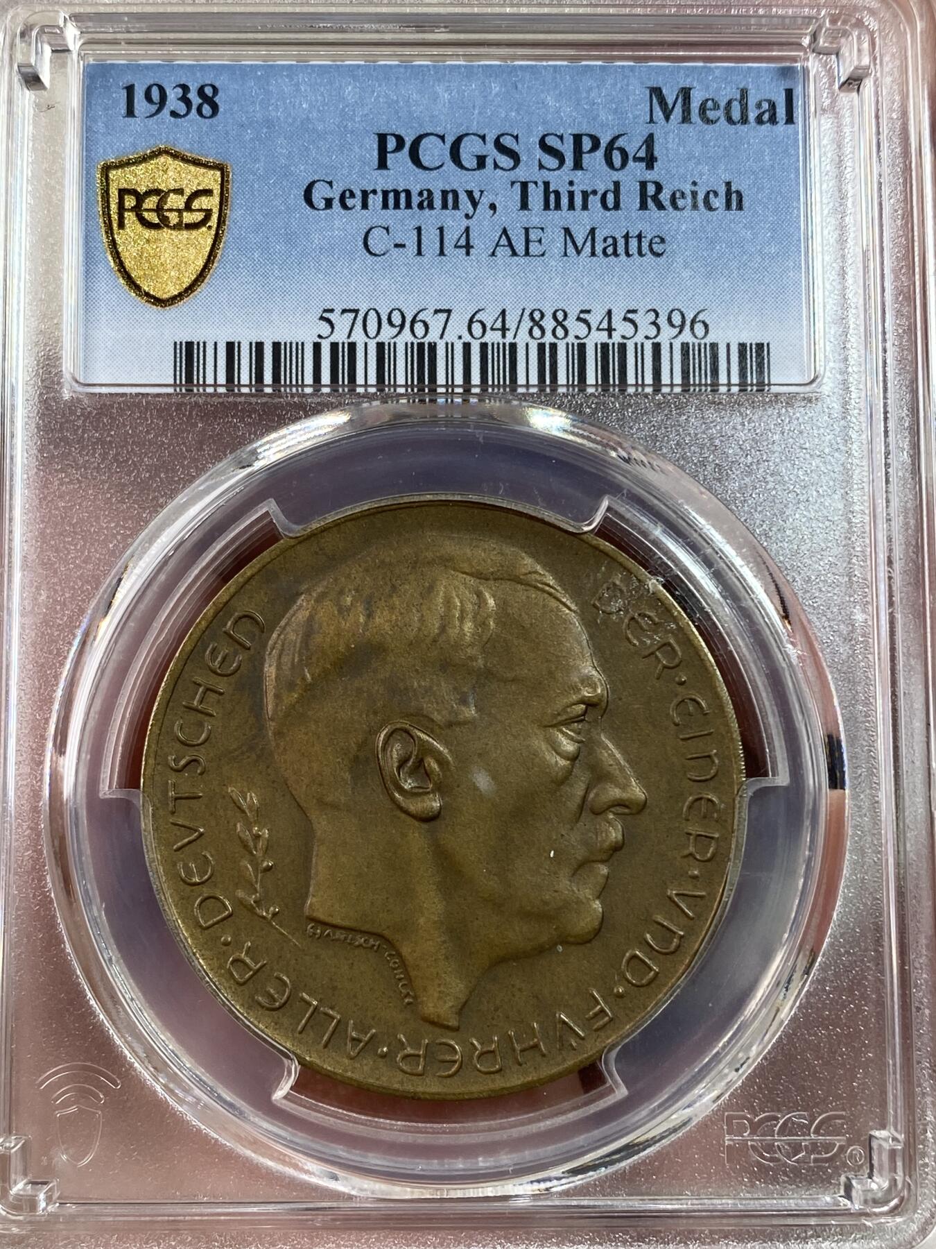 万国钱币拍卖第028期（花前月下●同享良章美币） PCGS SP64 1938年德国吞并奥地利党魁纪念铜章 铜制少见 原铜光状态极赞