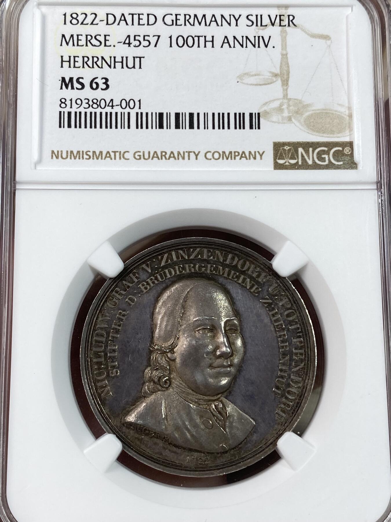 万国钱币拍卖第028期（花前月下●同享良章美币） NGC MS63 1822年德国兄弟会创会百年纪念银章 创始人尼古拉斯·路德维希·津岑多夫和兄弟会原址景观 极其罕见的系列