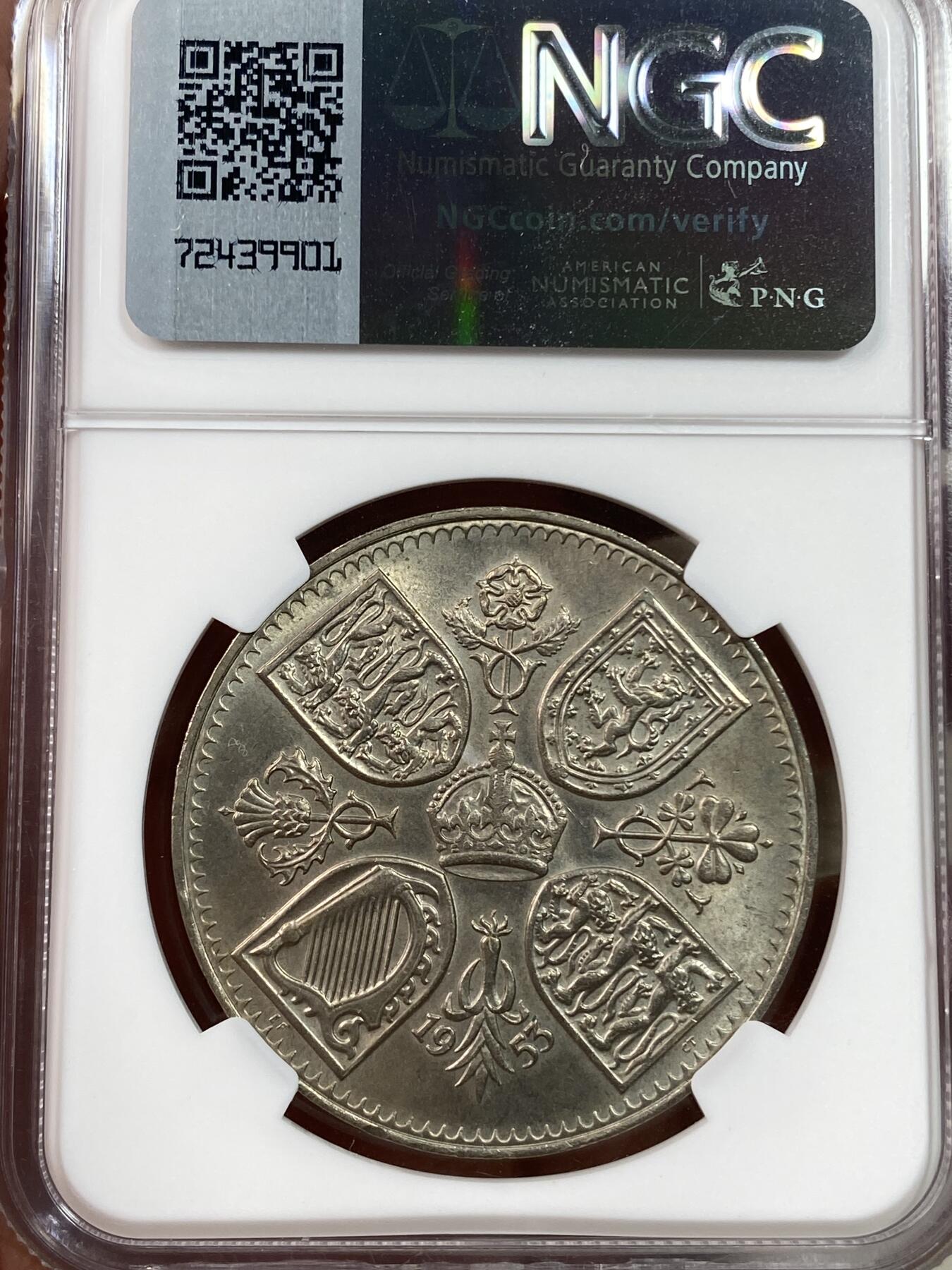 万国钱币拍卖第028期（花前月下●同享良章美币） NGC MS64 1953年英国伊丽莎白二世加冕纪念1克朗 著名的英系加冕系列