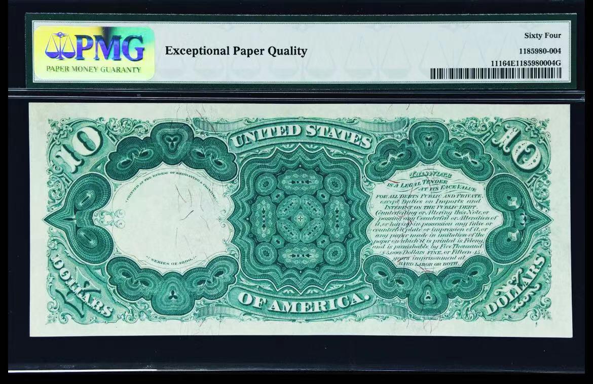 【Blue Auction】✨世界纸币精拍第500期盛典——白金之夜🔥🔥🔥 U-美国 1880年10美金 正面人物为三次担任美国国务卿的丹尼尔·韦伯斯特 右侧描绘了介绍印度公主的场景 PMG64EPQ 全新原票 大票幅  