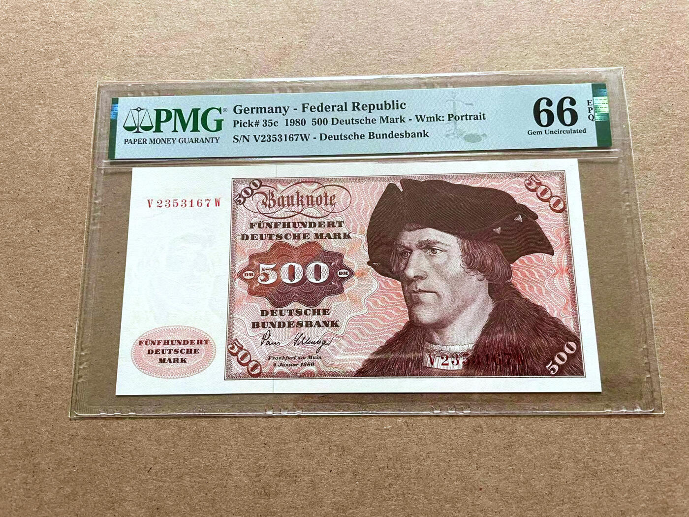 【Blue Auction】✨世界纸币精拍第500期盛典——白金之夜🔥🔥🔥 G-德国 1980年500马克 经典大副 PMG66EPQ  正面德国画家汉斯•马勒的作品《男子肖像画》 顶级雕刻 背面艾芝古堡