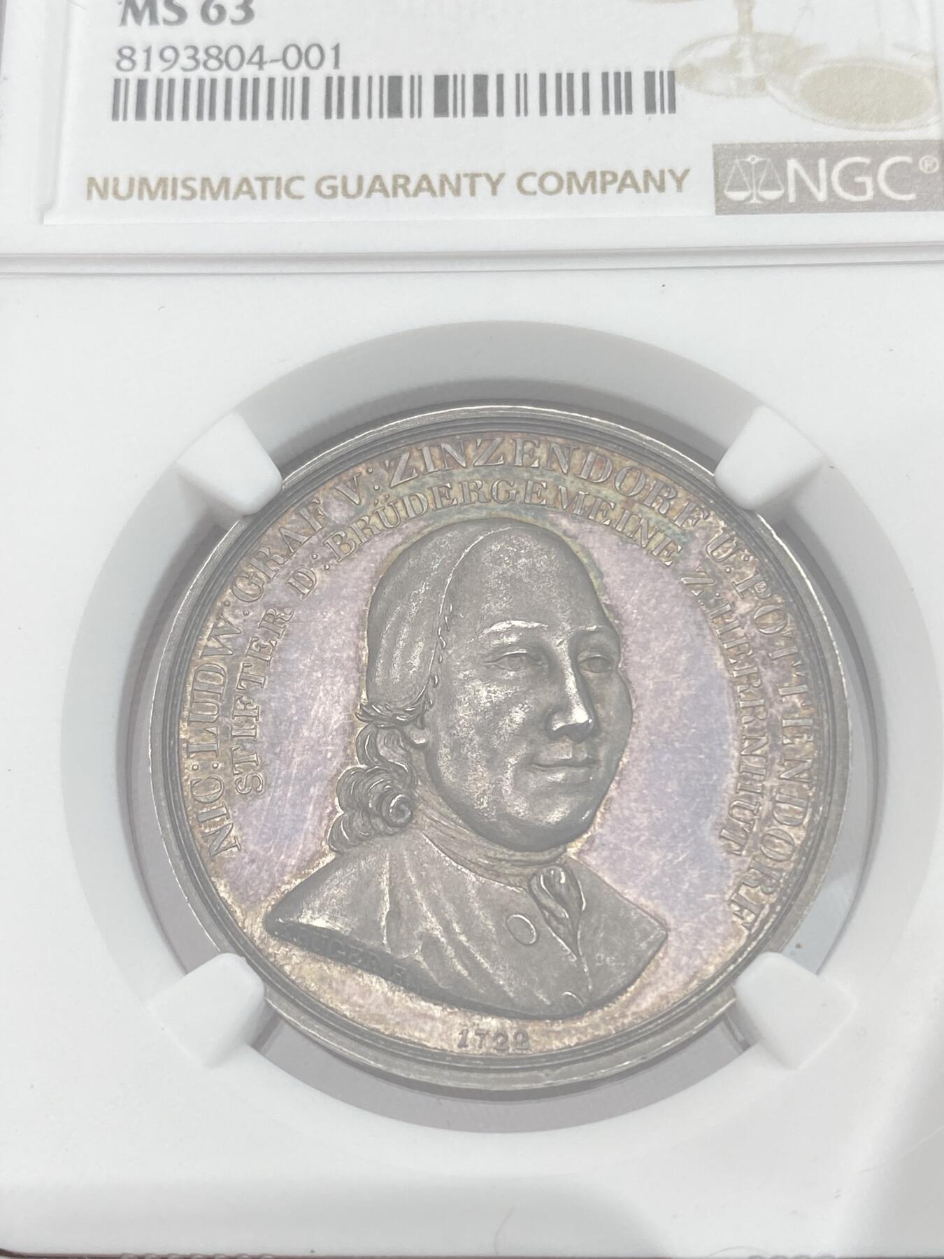 万国钱币拍卖第028期（花前月下●同享良章美币） NGC MS63 1822年德国兄弟会创会百年纪念银章 创始人尼古拉斯·路德维希·津岑多夫和兄弟会原址景观 极其罕见的系列